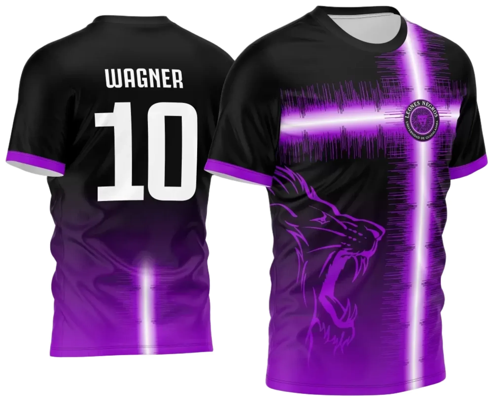 Camiseta unissex preta com logo no peito e estampa grande nas costas do tema Camisa Interclasse Leão 2024 Roxo, ideal para eventos escolares e confraternizações.
