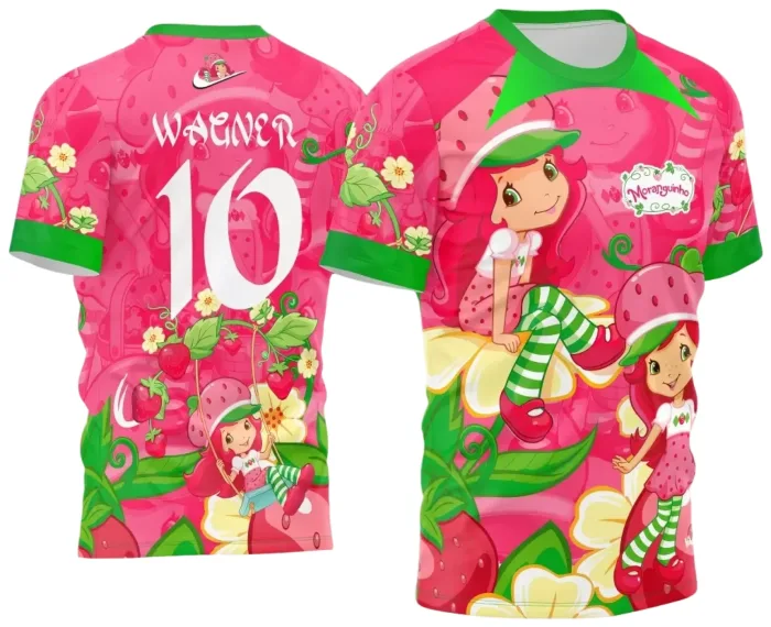 Camiseta unissex branca com logo no peito e estampa grande nas costas temática Interclasse Moranguinho 2024, design vibrante e moderno, ideal para eventos escolares e confraternizações.