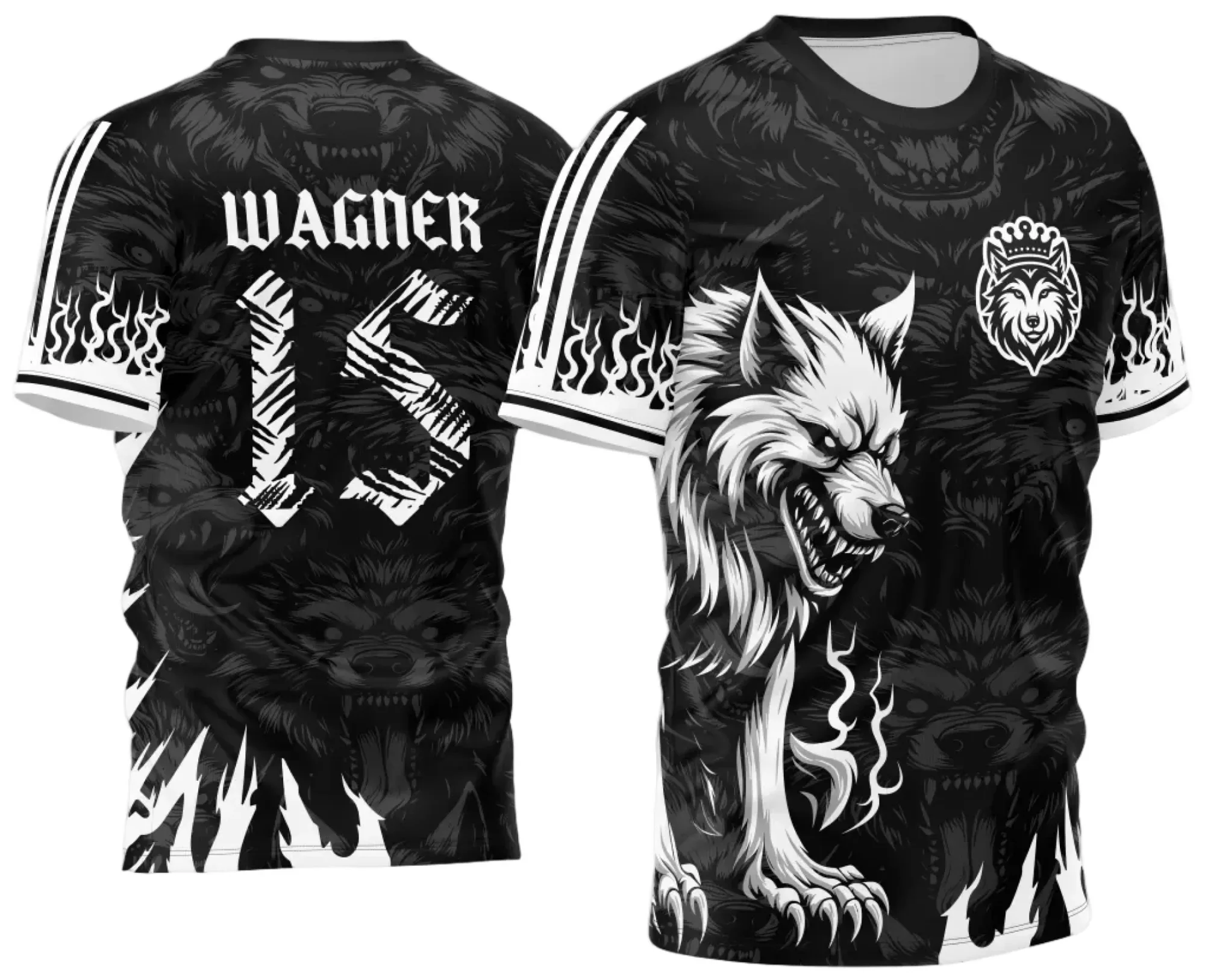 Camiseta unissex preta com logo no peito e estampa grande nas costas mostrando um lobo assustador em preto e branco, estilo interclasse 2024, design impactante e moderno.