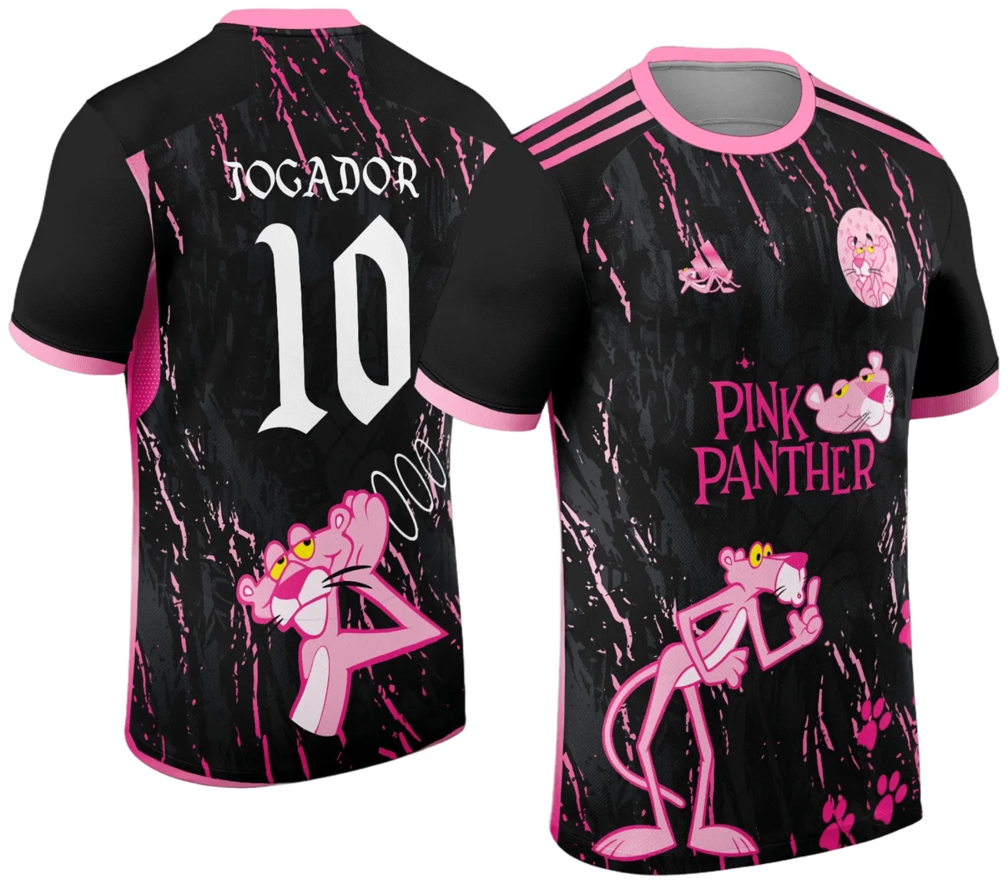Camiseta unissex preta com logo no peito e estampa grande nas costas mostrando o desenho da Pantera Cor de Rosa do Interclasse 2024, perfeita para quem gosta de estilo jovem e divertido.