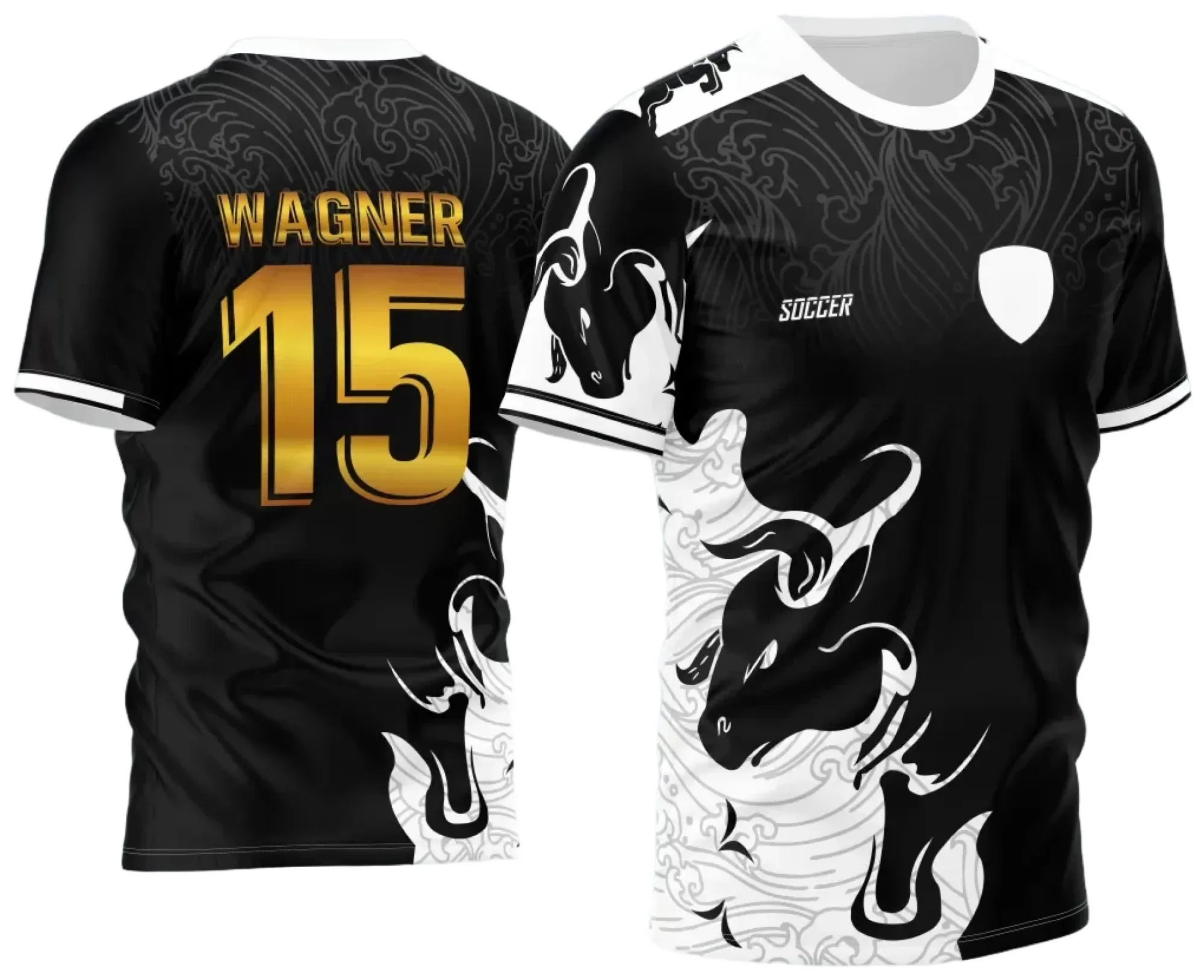 Camiseta unissex preta com logo no peito e estampa grande nas costas de touros para o Interclasse Bull 2024, trazendo design marcante e envolvente para eventos e turmas.