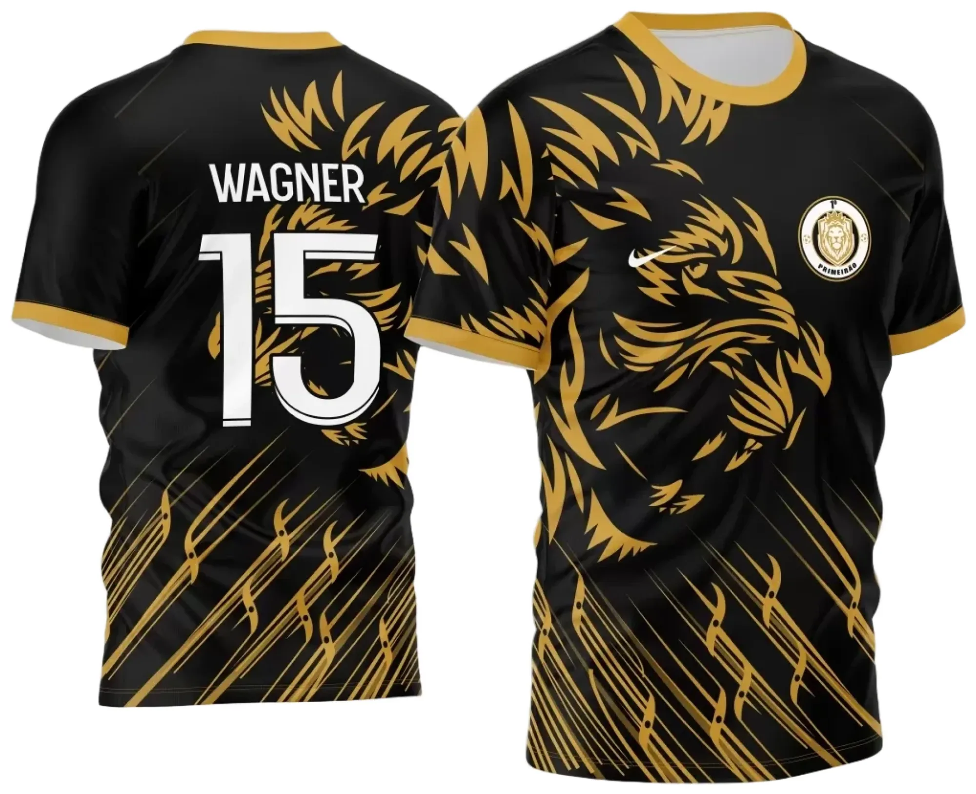 Camiseta unissex preta com logo no peito e estampa grande nas costas inspirada no tema Interclasse Jogos Internos 2024 Leão Dourado, ideal para uso em eventos esportivos.