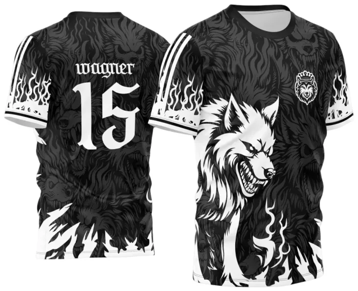 Arte Estampa Camisa Interclasse Lobo Assustador Preto e Branco 2024 modelo 4