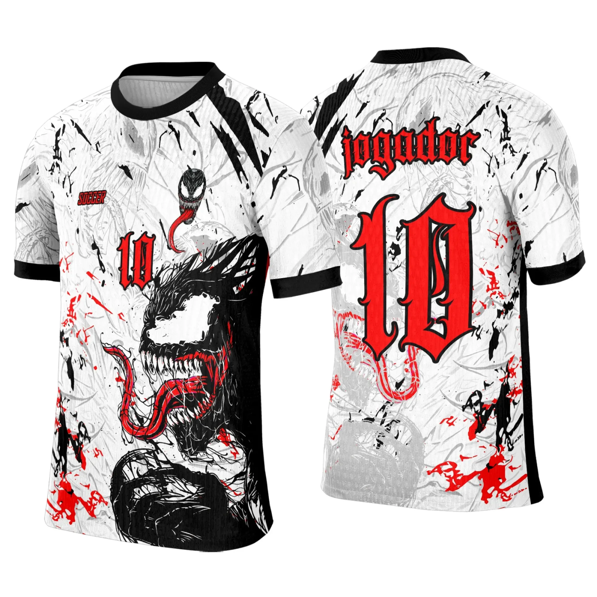 Camiseta unissex branca com logo no peito e estampa grande nas costas temática do Interclasse Venom em vermelho, mostrando estilo e identidade marcante para qualquer evento.