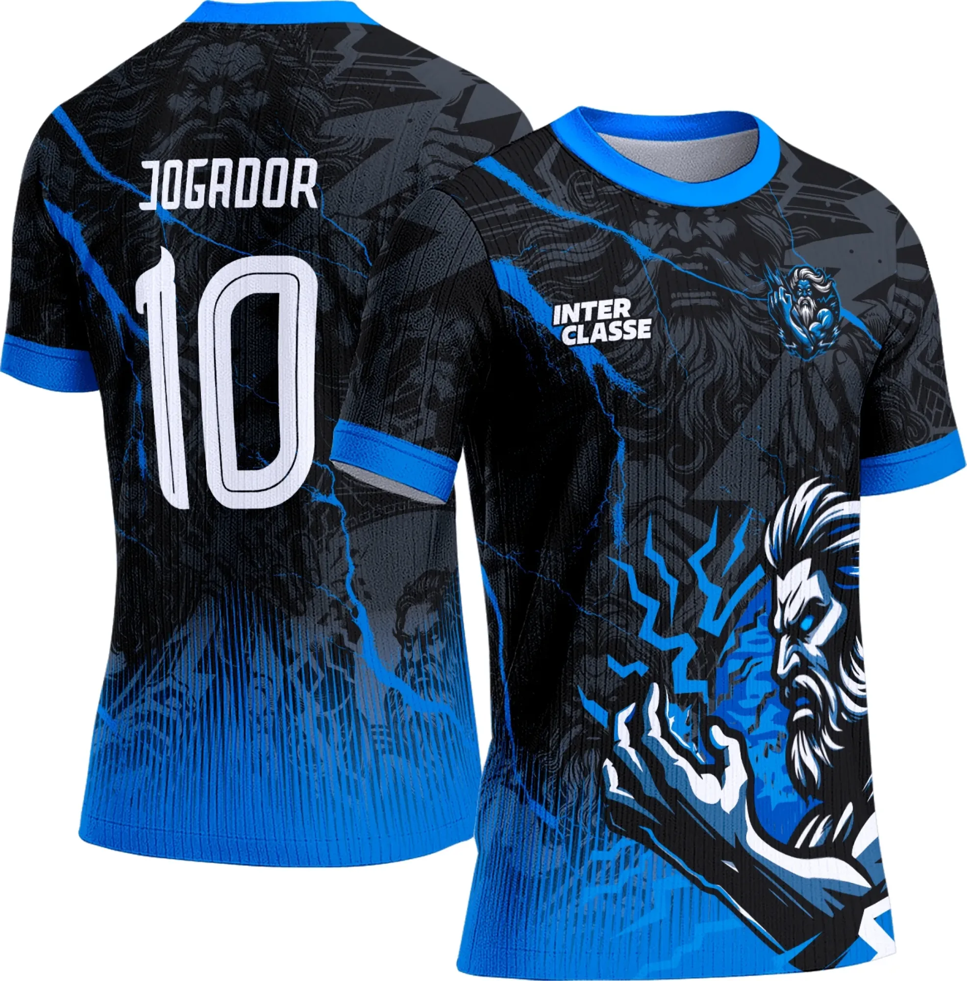 Camiseta unissex preta com logo no peito e estampa grande nas costas, tema Zeus da Interclasse 835, estilo moderno e vibrante, perfeita para eventos escolares.