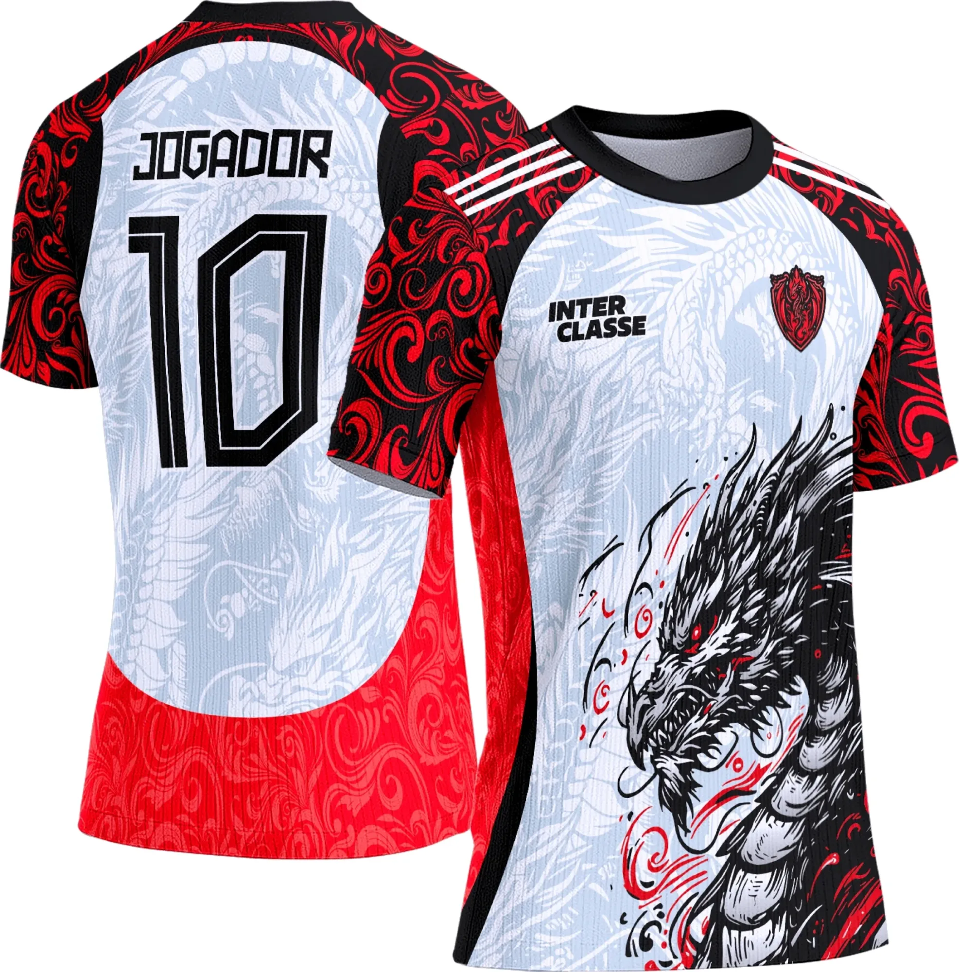 Camiseta unissex preta com logo no peito e estampa grande nas costas de dragão vermelho detalhado, perfeita para uso casual ou eventos temáticos.