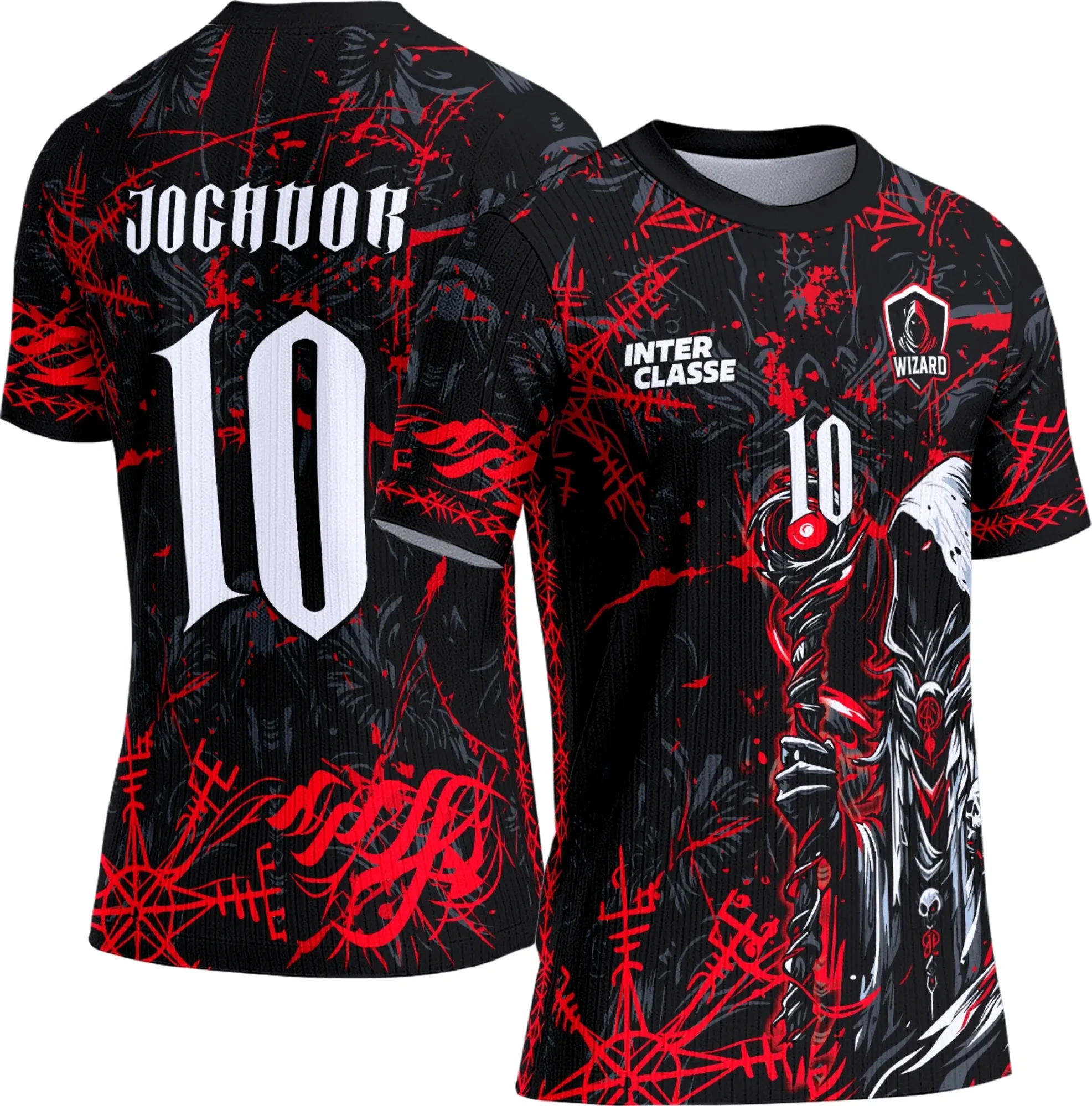 Camiseta unissex preta com logo no peito e estampa grande nas costas com tema Feiticeiro Interclasse 832, mostrando estilo único e design marcante para fãs da turma.