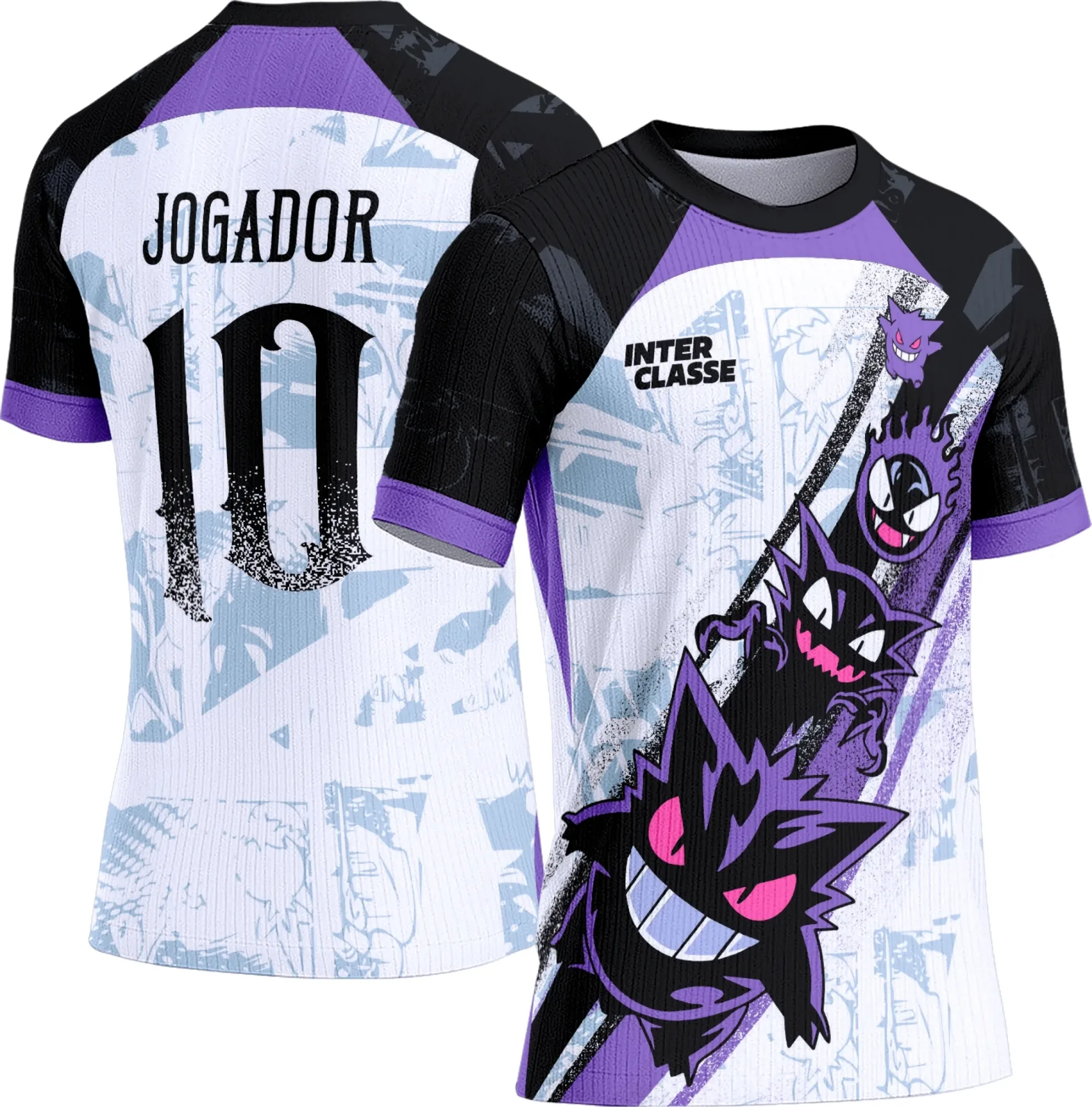 Camiseta unissex preta com logo no peito e estampa grande nas costas mostrando o personagem Gengar do Pokémon, design vibrante e estiloso perfeito para fãs da franquia.