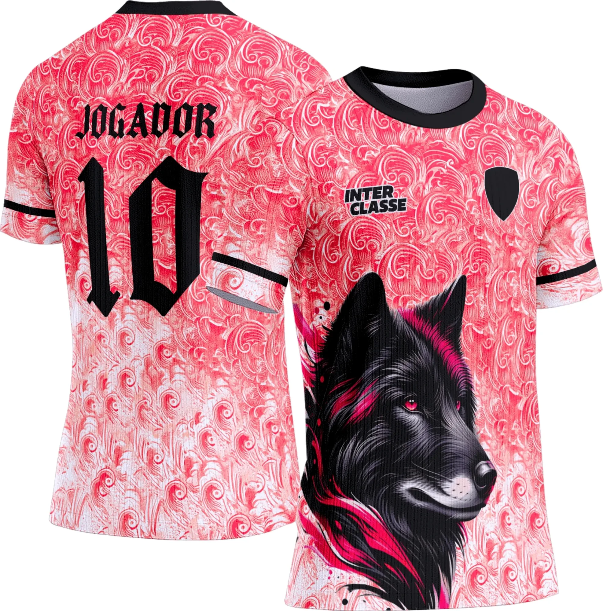 Camiseta unissex preta com logo no peito e estampa grande nas costas representando lobo, estilo Interclasse 847, perfeita para quem gosta de roupas marcantes e autênticas.