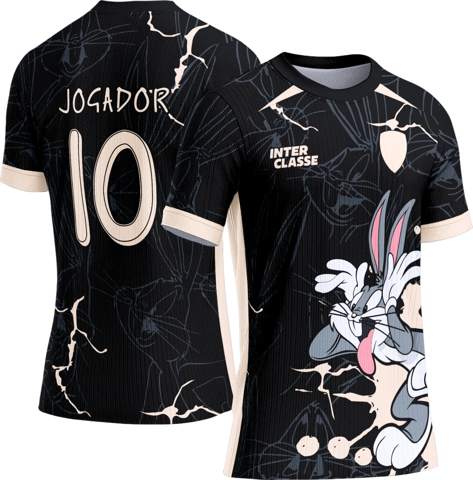 Camiseta unissex preta com logo no peito e estampa grande nas costas com tema Pernalonga, ideal para eventos e turmas escolares.