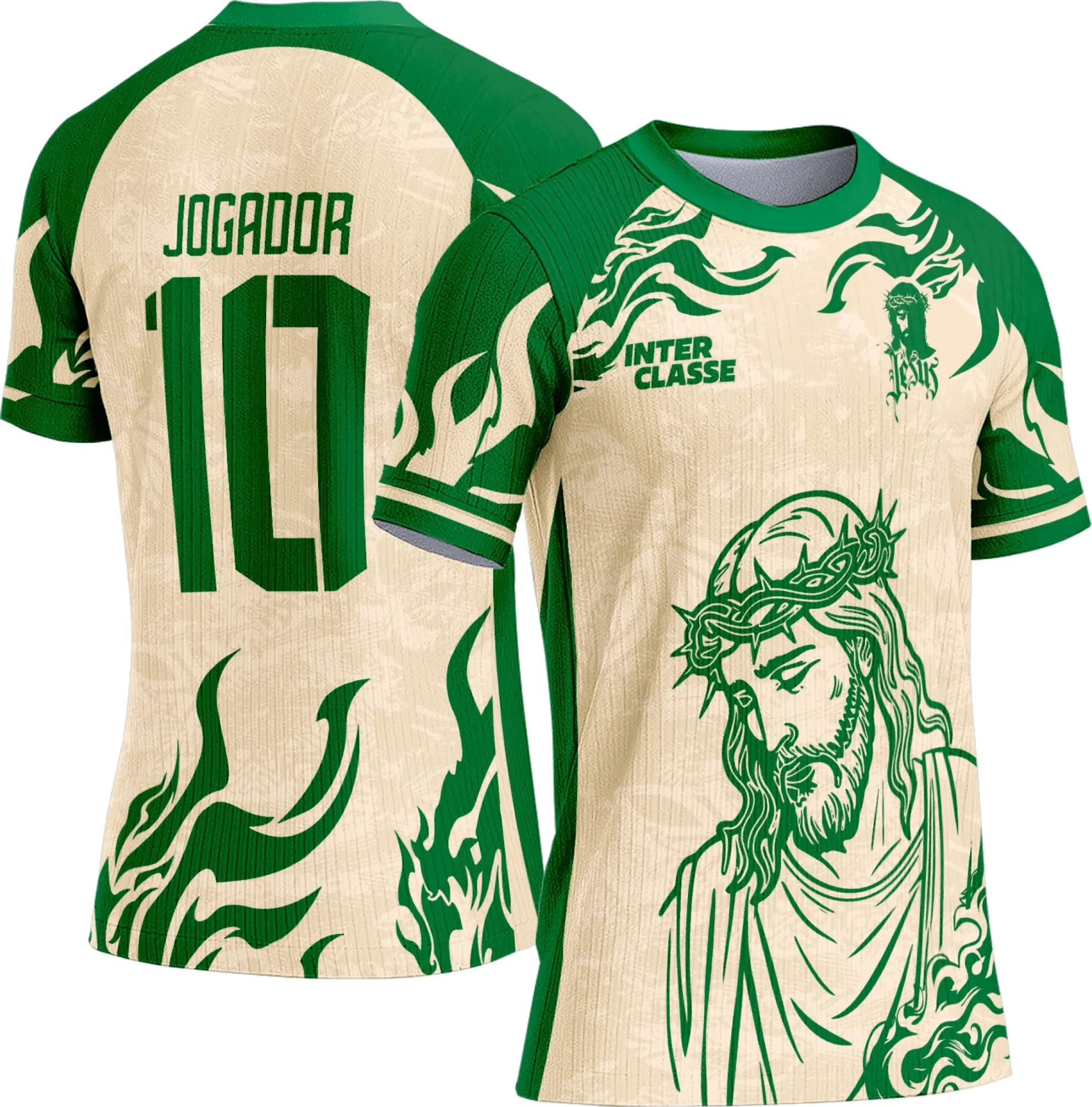 Camiseta unissex preta com logo no peito e estampa grande nas costas representando Cristo, perfeita para uso casual e eventos religiosos.