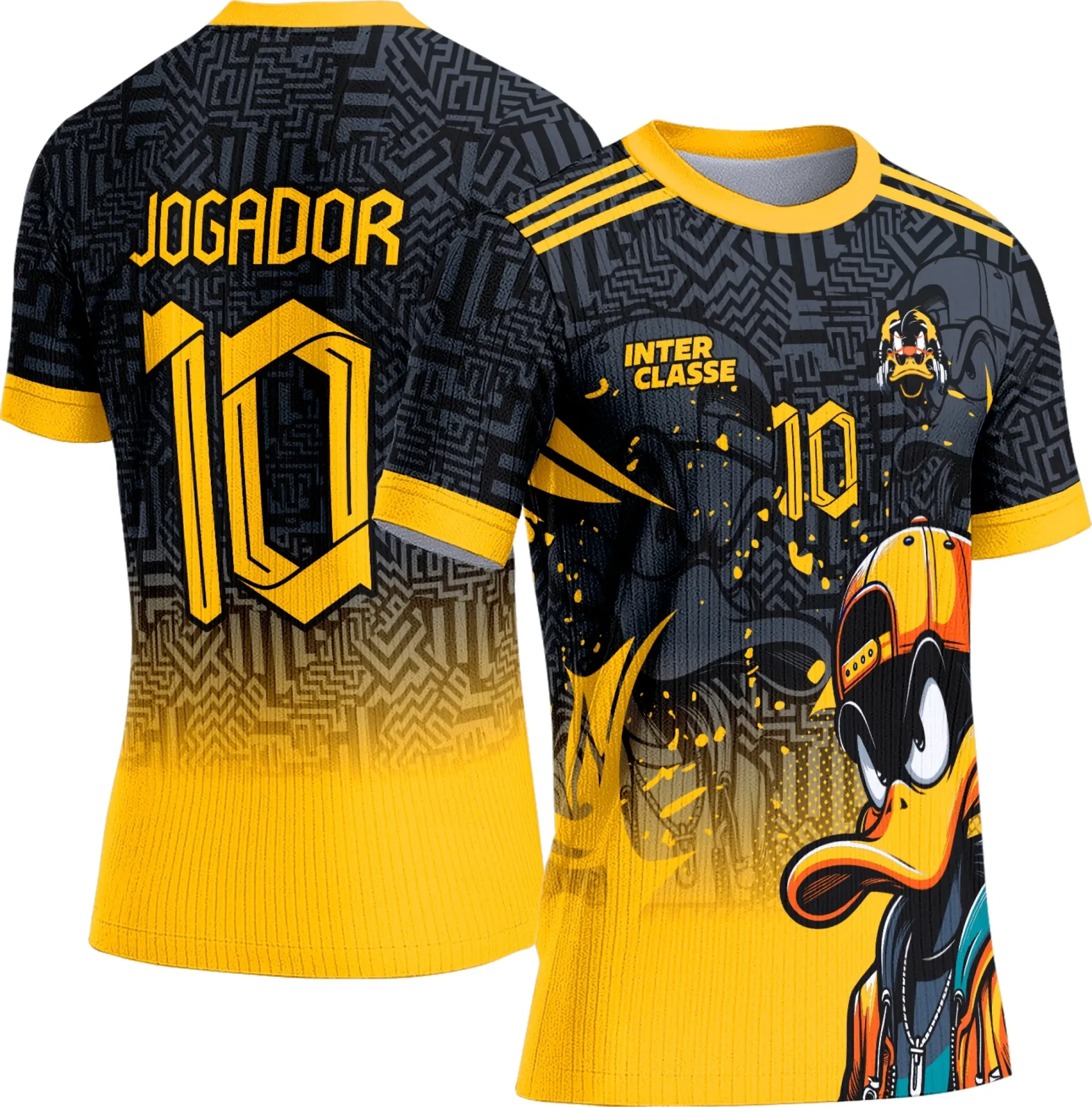 Camiseta unissex com cor base preta, logo no peito e estampa grande nas costas inspirada na Interclasse 833 Patolino, ideal para quem busca estilo e conforto.