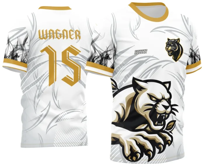 Camiseta unissex preta com logo no peito e estampa grande nas costas, tema Pantera Branca 2024, design impactante para eventos interclasse.