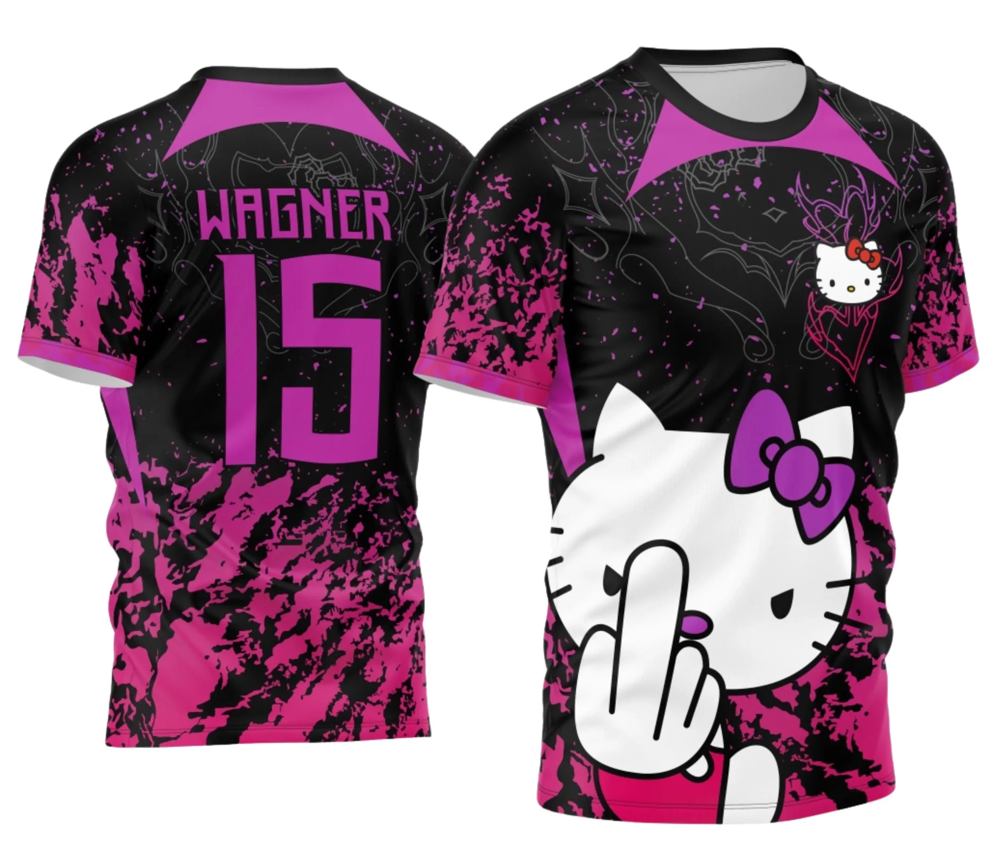 Camiseta unissex branca com logo no peito e estampa grande nas costas com tema Hello Kitty Interclasse 2024, ideal para eventos escolares, estilo casual e divertido.