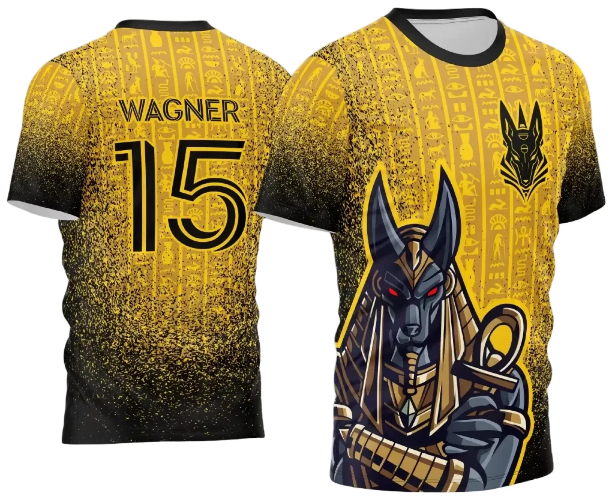 Camiseta unissex preta com logo no peito e estampa grande nas costas, tema Interclasse Anubis 2024 modelo 2, design moderno e detalhado para estilo marcante.