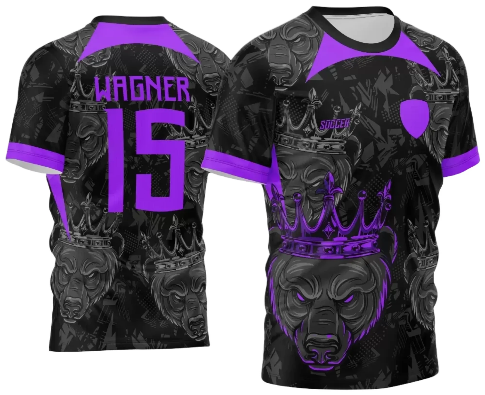 Camiseta unissex preta com logo no peito e estampa grande nas costas com tema Urso com Coroa 2024, design moderno e impactante para o interclasse.