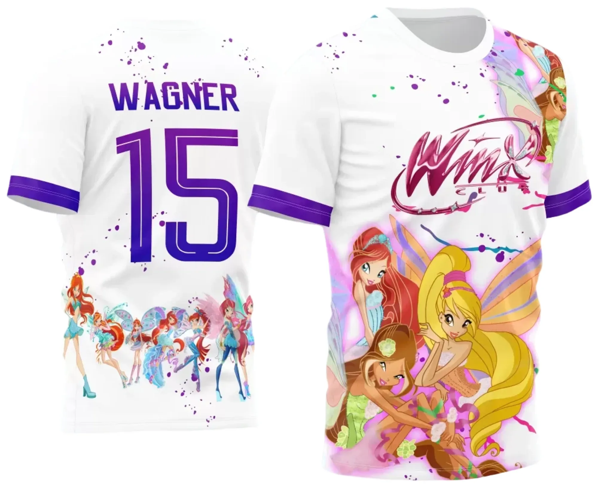 Camiseta unissex preta com logo no peito e estampa grande nas costas com tema Interclasse Winxs 2024, design vibrante, perfeita para eventos escolares e fãs da turma Winxs.