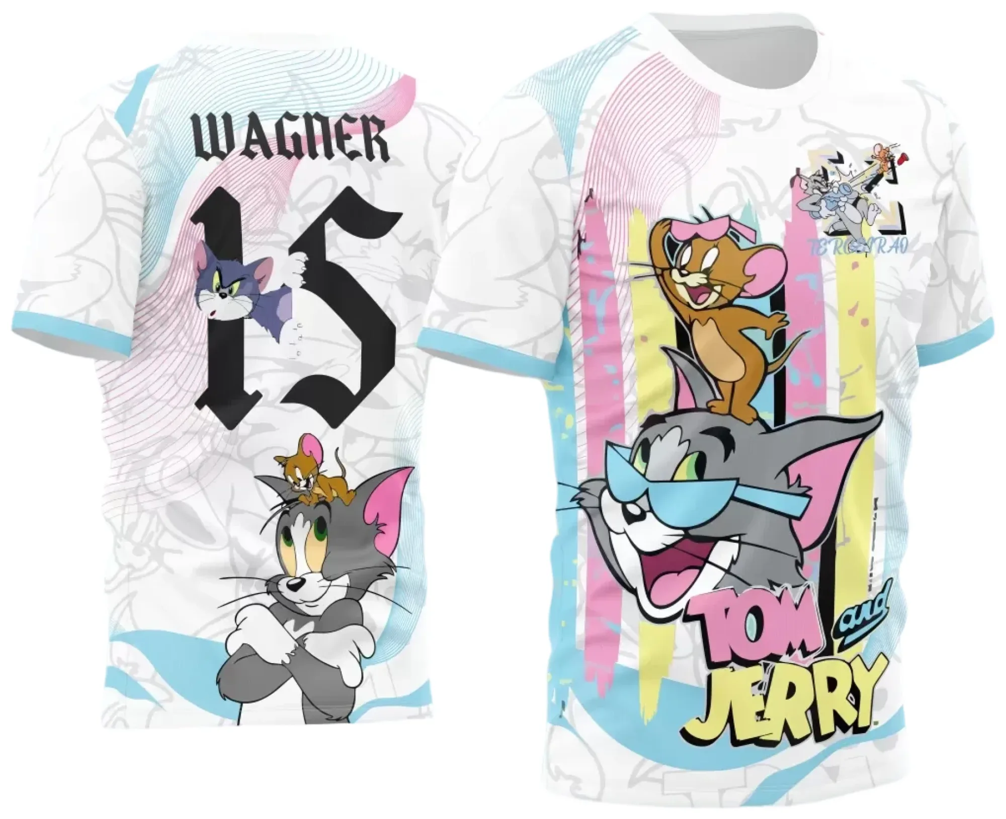 Camiseta unissex preta com logo no peito e estampa grande nas costas com tema Tom e Jerry modelo 2, perfeita para fãs e eventos interclasse.