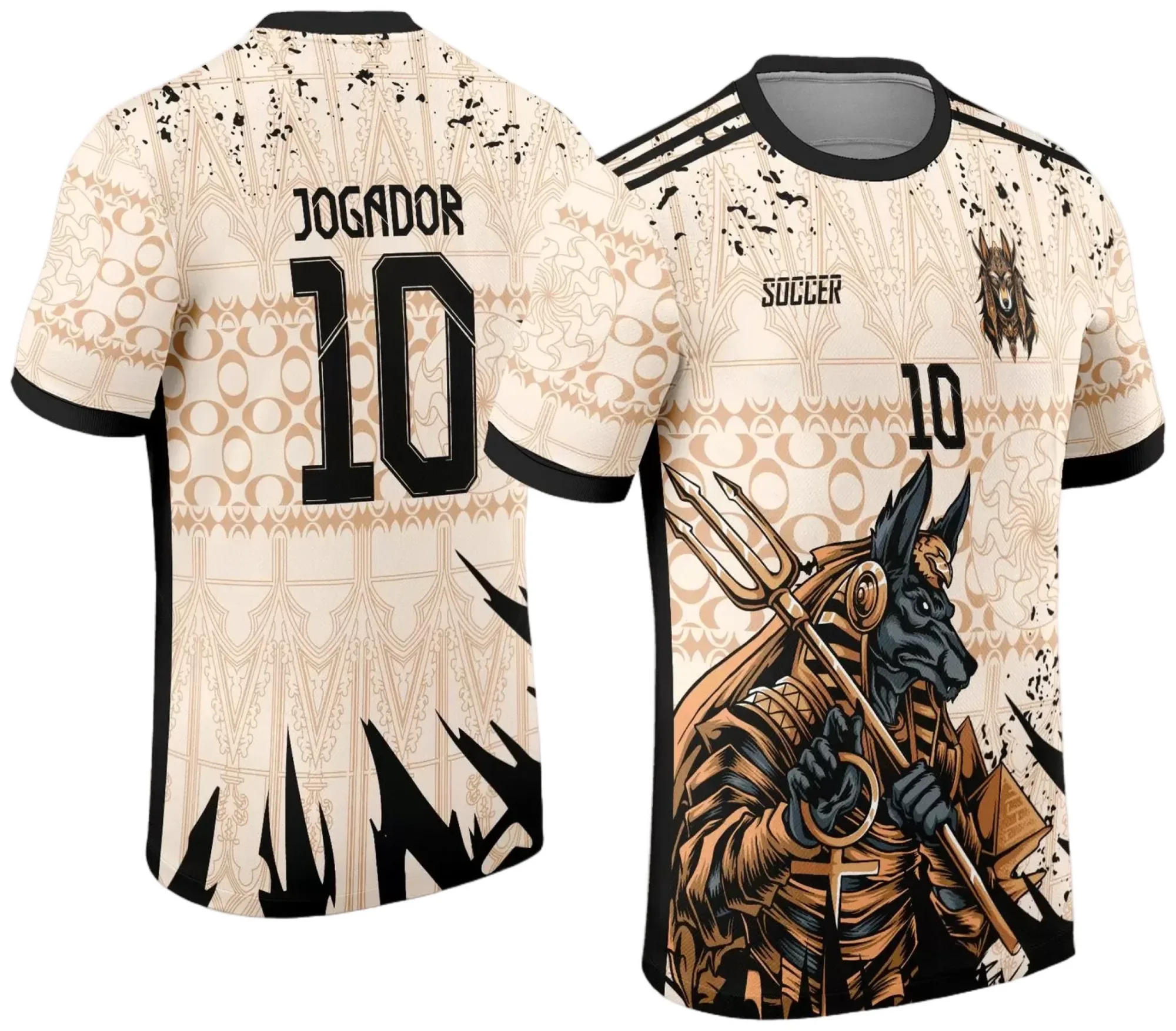 Camiseta preta unissex com logo no peito e estampa grande nas costas com tema InterClasse 2024 Anúbis, ideal para eventos escolares e fãs do Egito.