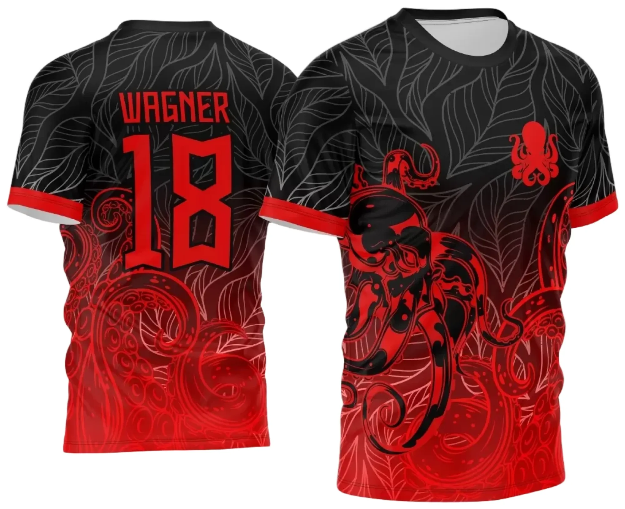 Camiseta unissex preta com logo no peito e estampa grande nas costas mostrando um design degradê de polvo, ideal para quem busca estilo marcante e moderno.