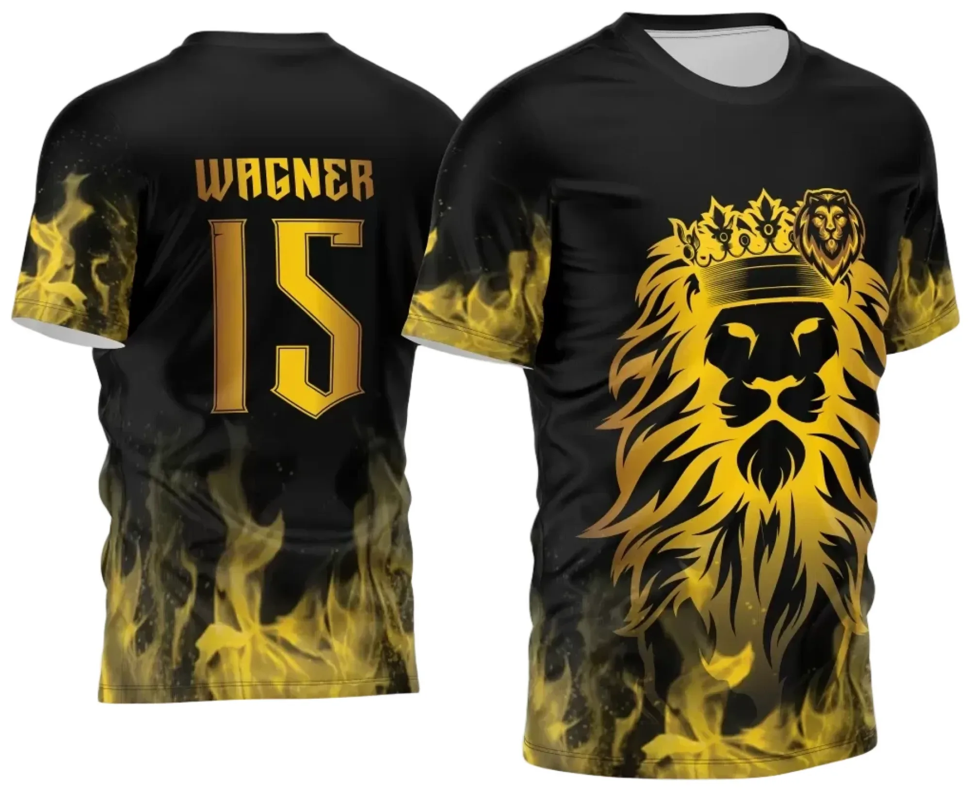 Camiseta unissex preta com logo no peito e estampa grande nas costas do Leão Amarelo 2024, ideal para eventos interclasse com design marcante e moderno.