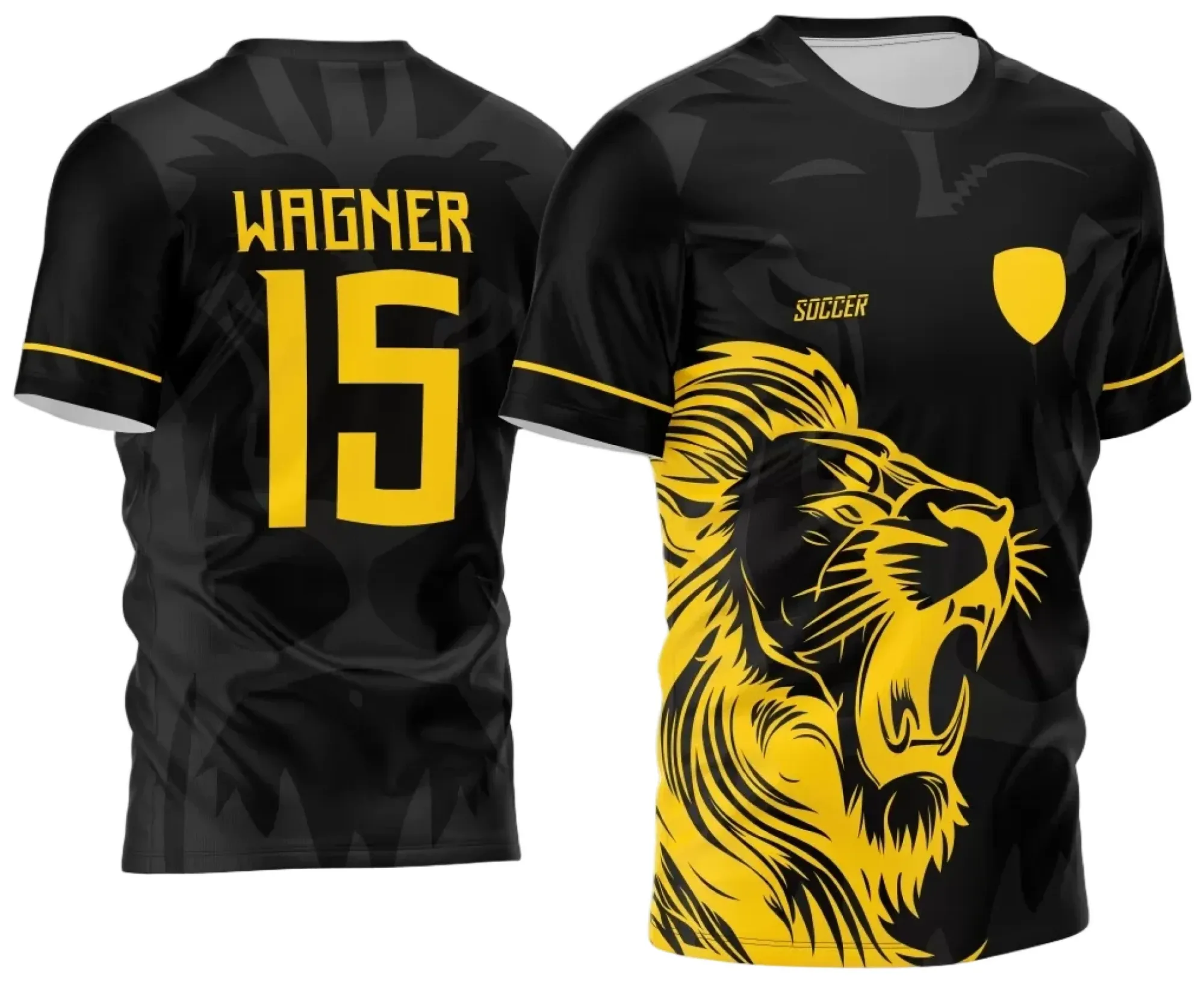 Camiseta unissex preta com logo no peito e estampa grande nas costas com tema Leão Amarelo Interclasse 2024, modelo 3, perfeita para quem quer destaque e estilo em eventos escolares.