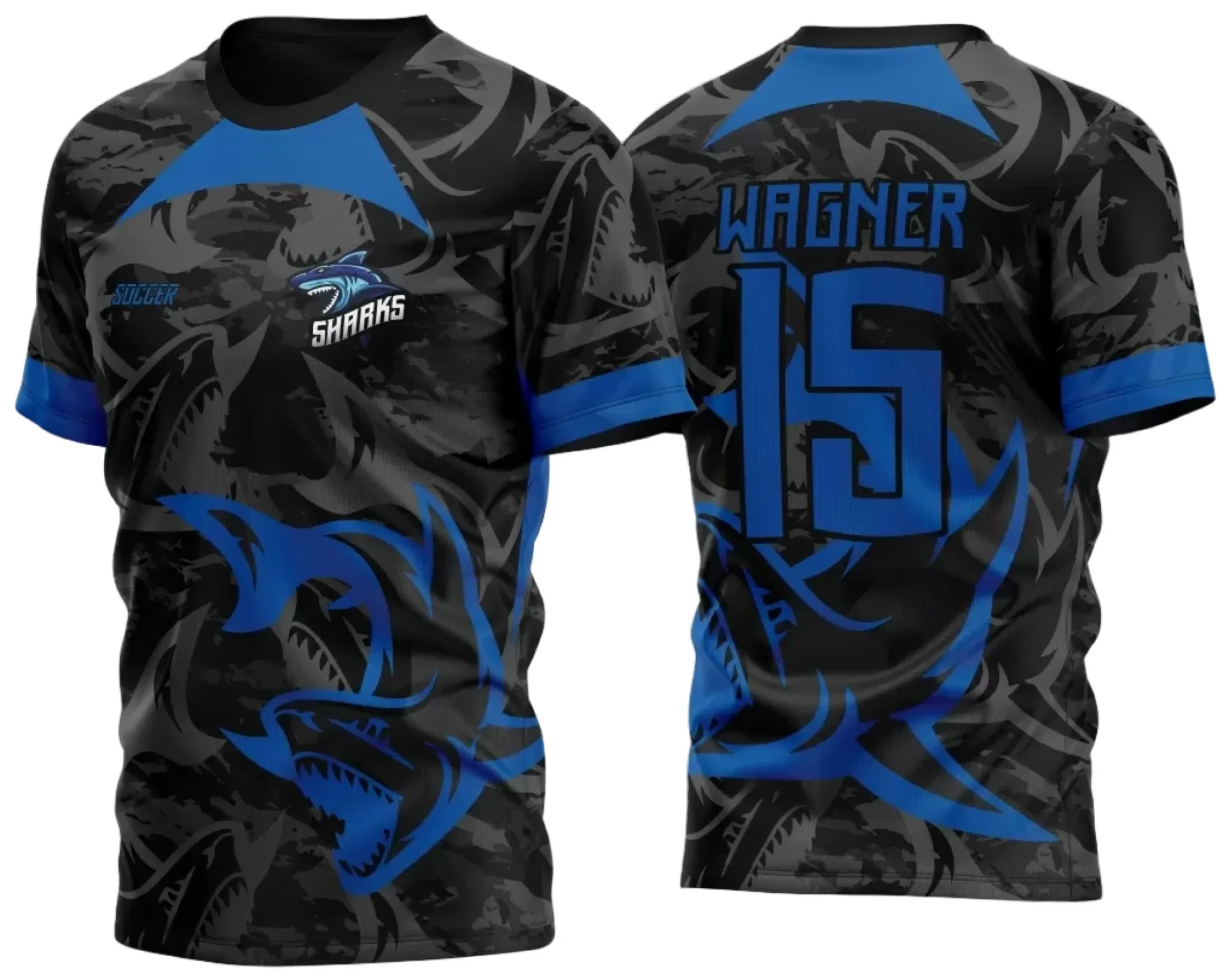 Camiseta unissex preta com logo no peito e estampa grande nas costas mostrando tubarão, design inspirado no InterClasse 2024 para estilo moderno e casual.