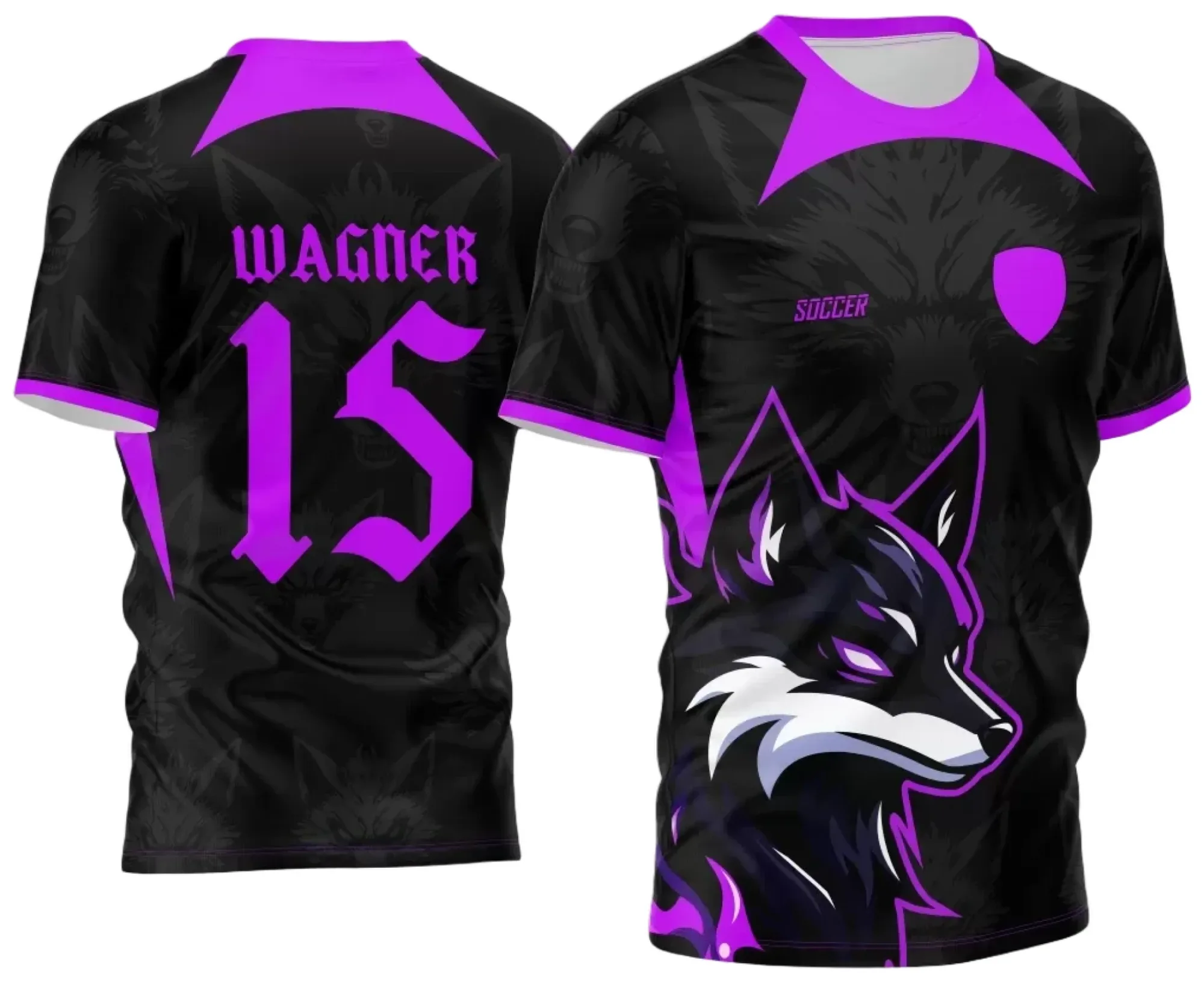 Fotografia da camiseta unissex preta com logo no peito e estampa grande nas costas do Interclasse Fox em preto com roxo, perfeita para usar no dia a dia com estilo marcante.