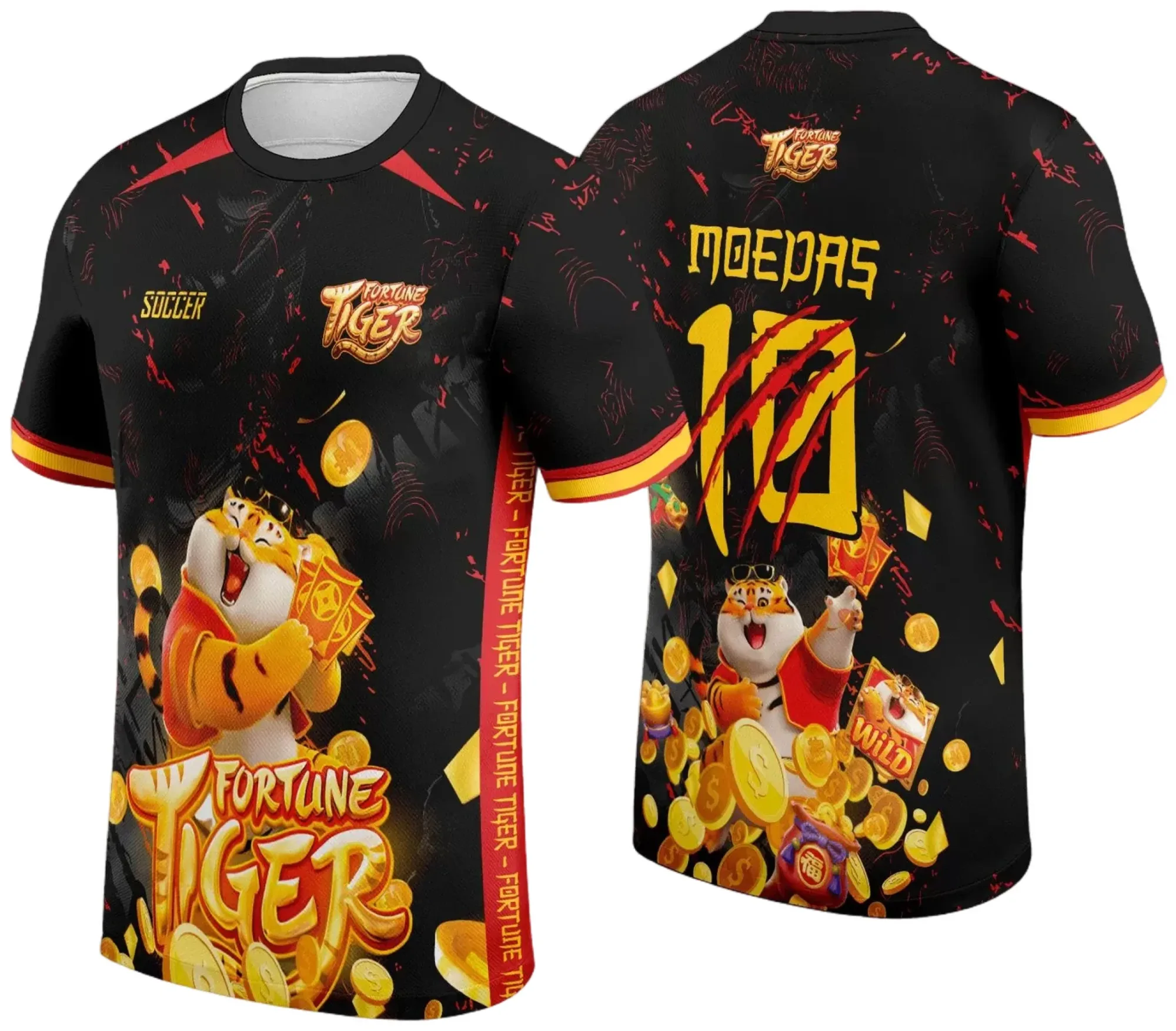 Camiseta unissex preta com logo no peito e estampa grande nas costas mostrando um tigrinho forte e vibrante, ideal para o tema Interclasse escolar.