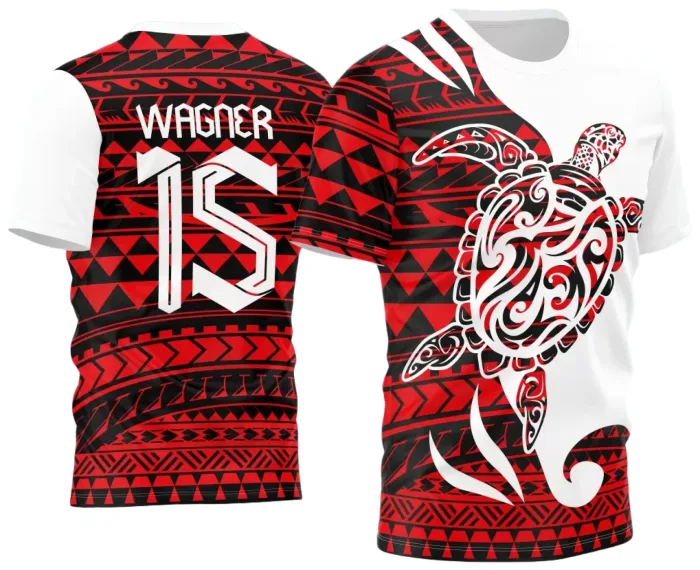 Camiseta unissex preta com logo no peito e estampa grande nas costas com tema de tartaruga tribal, ideal para eventos interclasse descontraídos e estilos urbanos.