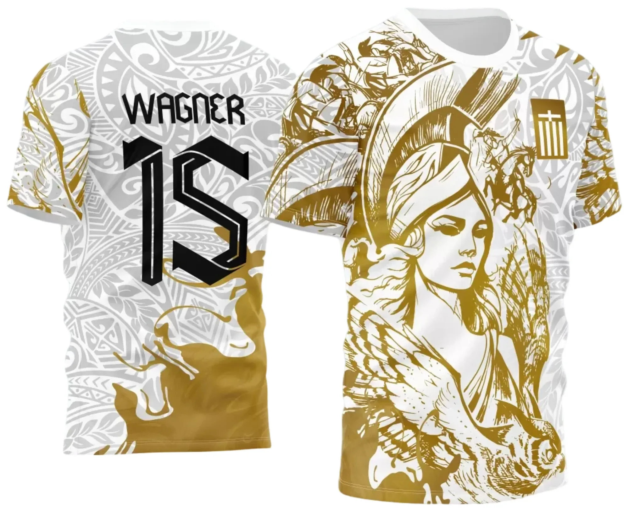 Camiseta unissex branca com logo no peito e estampa grande nas costas da Interclasse Athenas 2024, ideal para eventos escolares e esportivos.