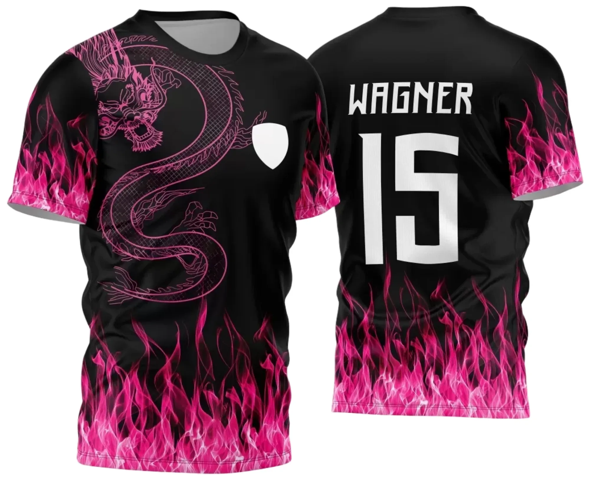 Camiseta unissex preta com logo no peito e estampa grande nas costas do Dragão modelo 3, tema Jogos Internos Interclasse 2024, perfeita para eventos e times escolares.