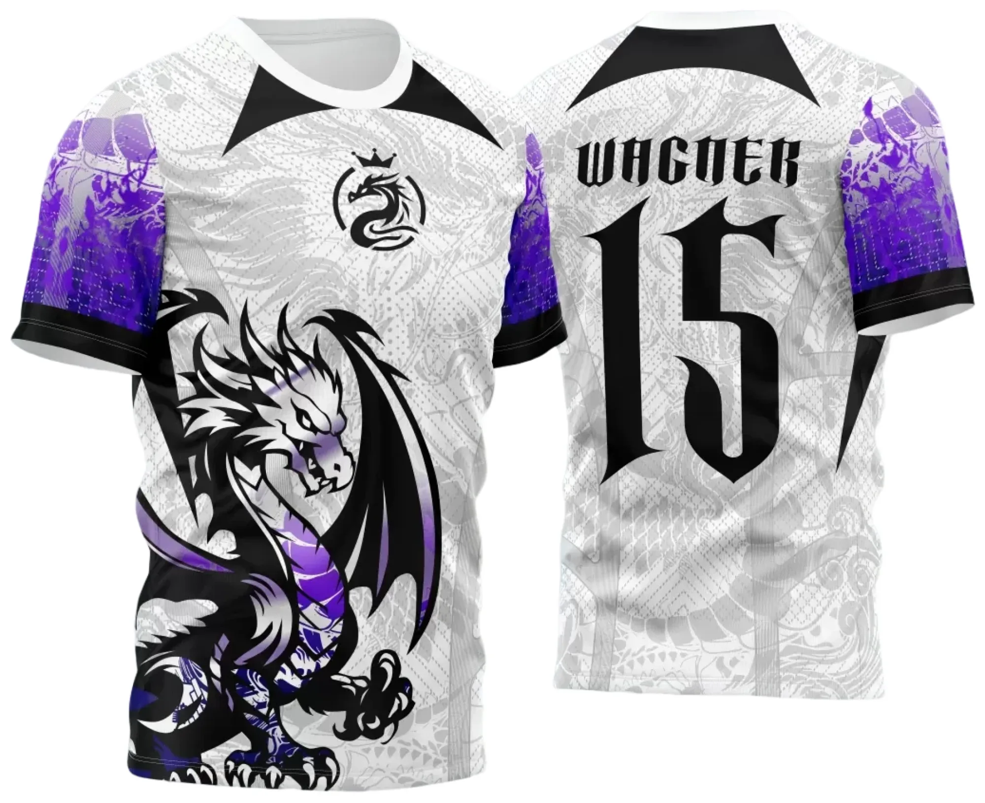 Camiseta unissex preta com logo no peito e estampa grande nas costas com tema Dragão Branco dos Jogos Internos 2024 Interclasse, modelo 2, ideal para evento escolar e esportivo.