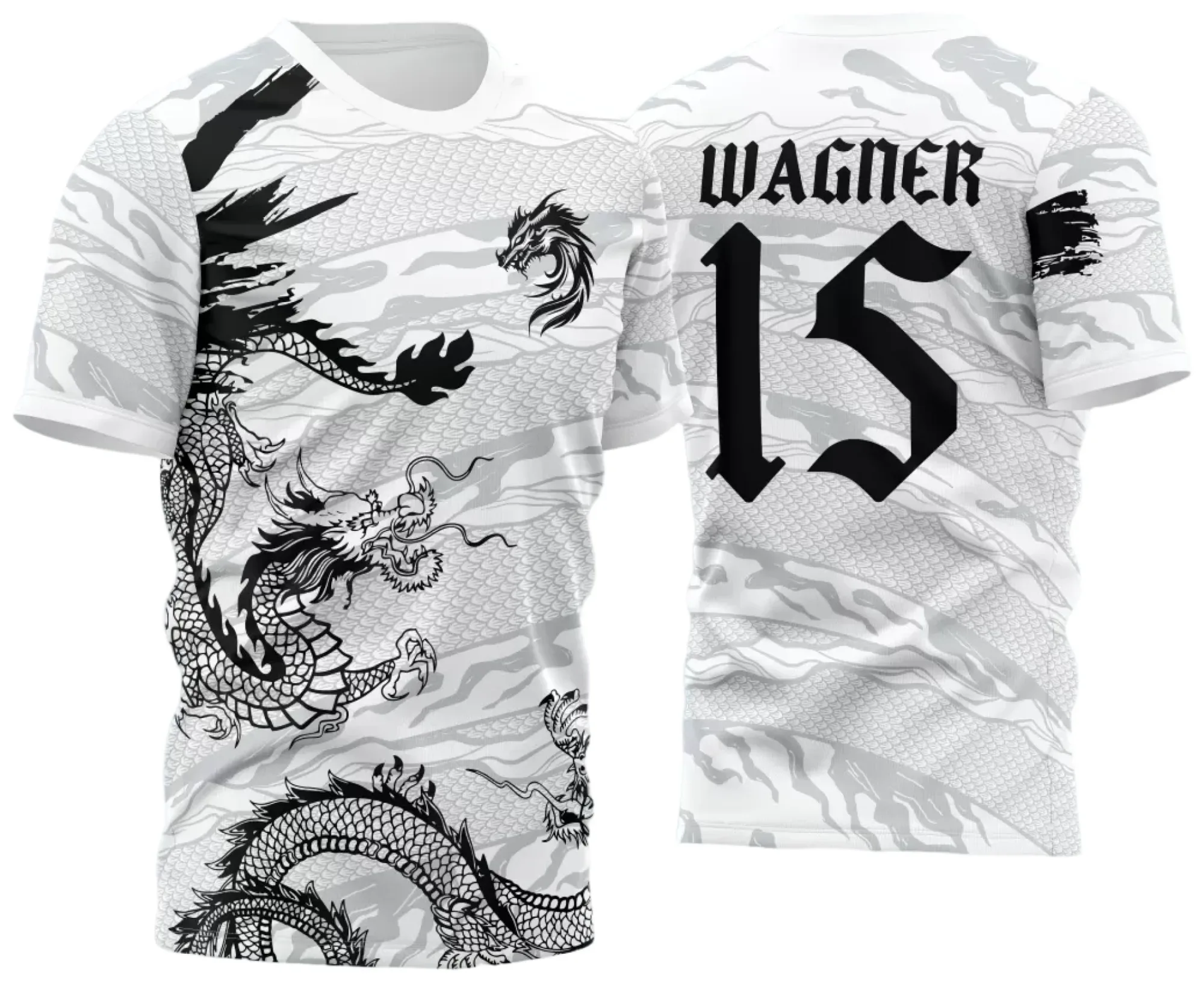 Camiseta unissex preta com logo no peito e estampa grande nas costas, temática Interclasse Jogos Internos 2024 Dragão Branco modelo 3, design moderno e vibrante.