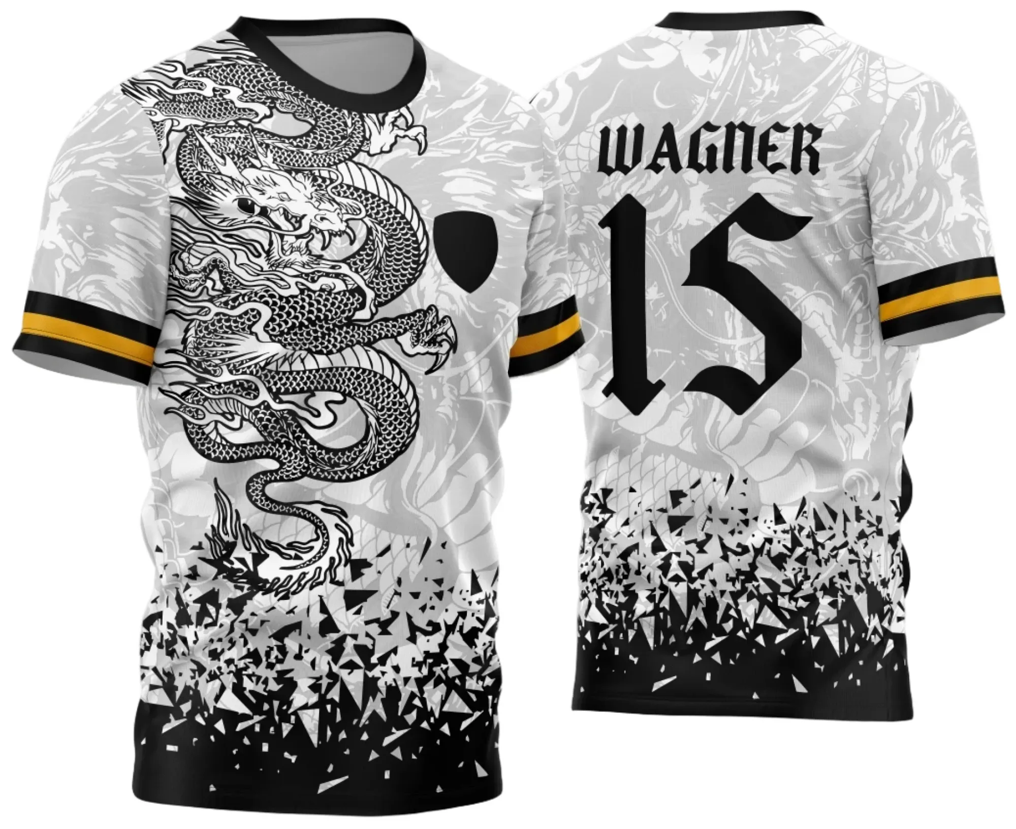 Camiseta unissex preta com logo no peito e estampa grande nas costas do Dragão Branco para Jogos Internos 2024 Interclasse, perfeita para mostrar espírito de equipe e estilo marcante.