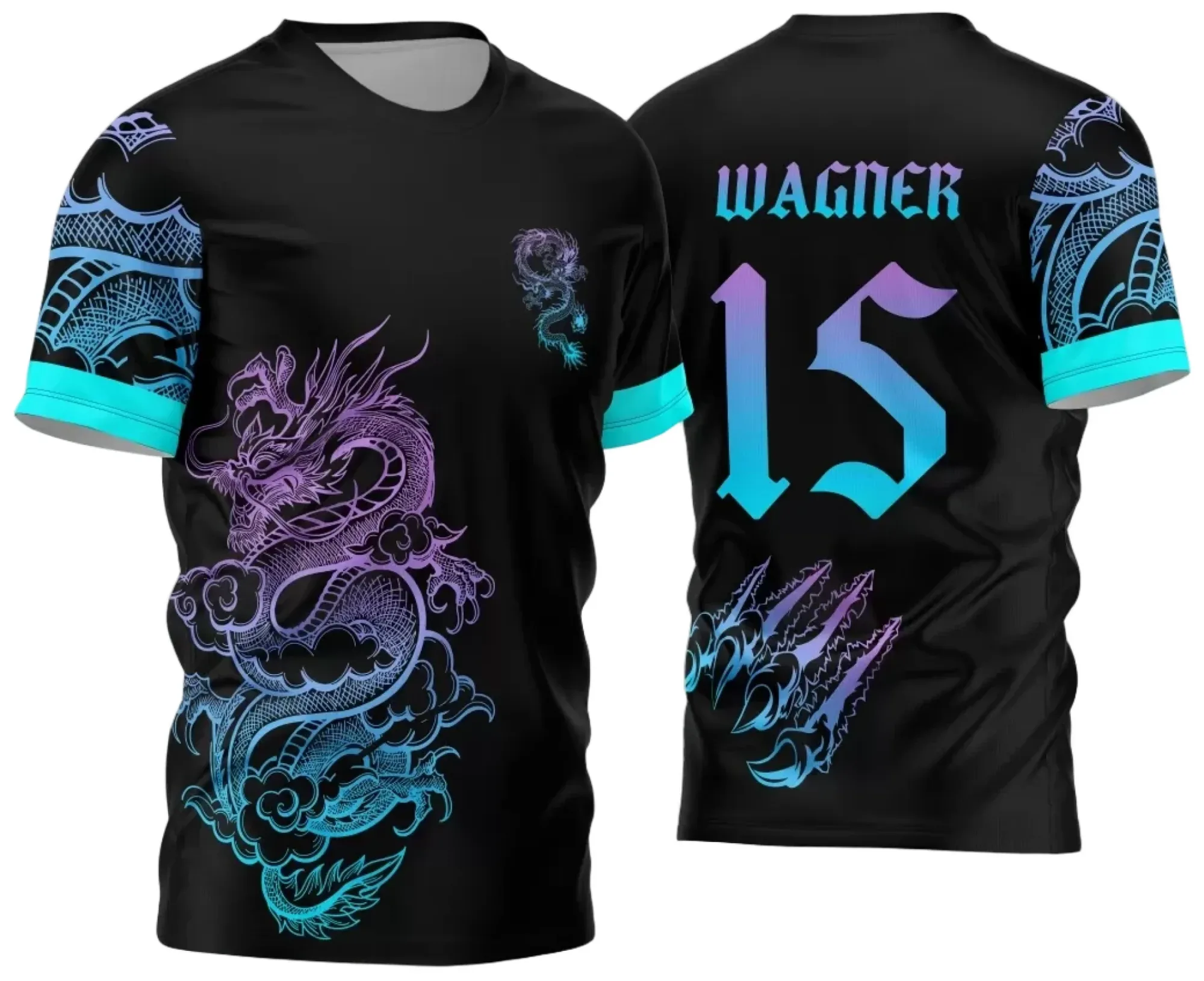 Camiseta unissex preta com logo no peito e estampa grande nas costas do Dragão Degrade, tema Jogos Internos Interclasse 2024, visual moderno e vibrante, perfeita para eventos esportivos e confraternizações.