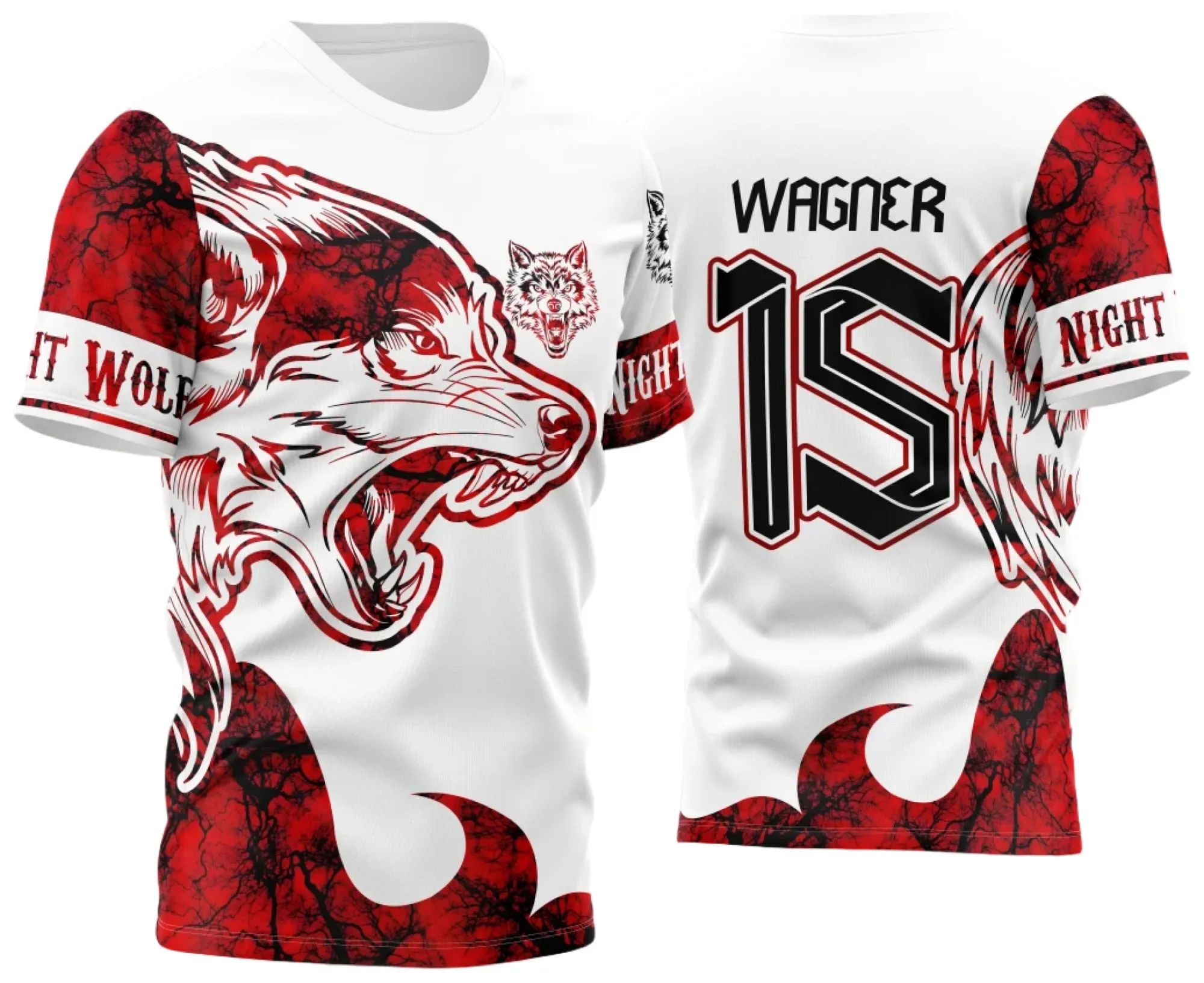 Camiseta unissex preta com logo no peito e estampa grande nas costas, tema Interclasse Jogos Internos 2024 com desenho do Lobo em destaque.