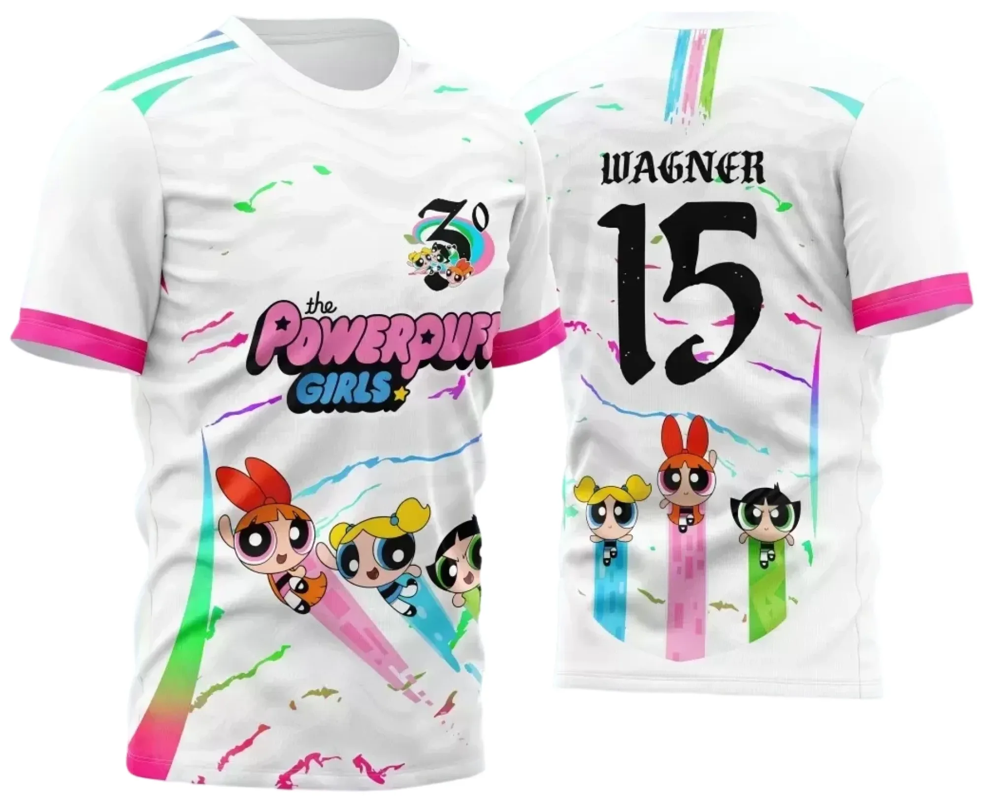 Camiseta unissex preta com logo no peito e estampa grande nas costas das Meninas Superpoderosas 2024 modelo 2, temática divertida e cheia de cor para fãs do desenho.