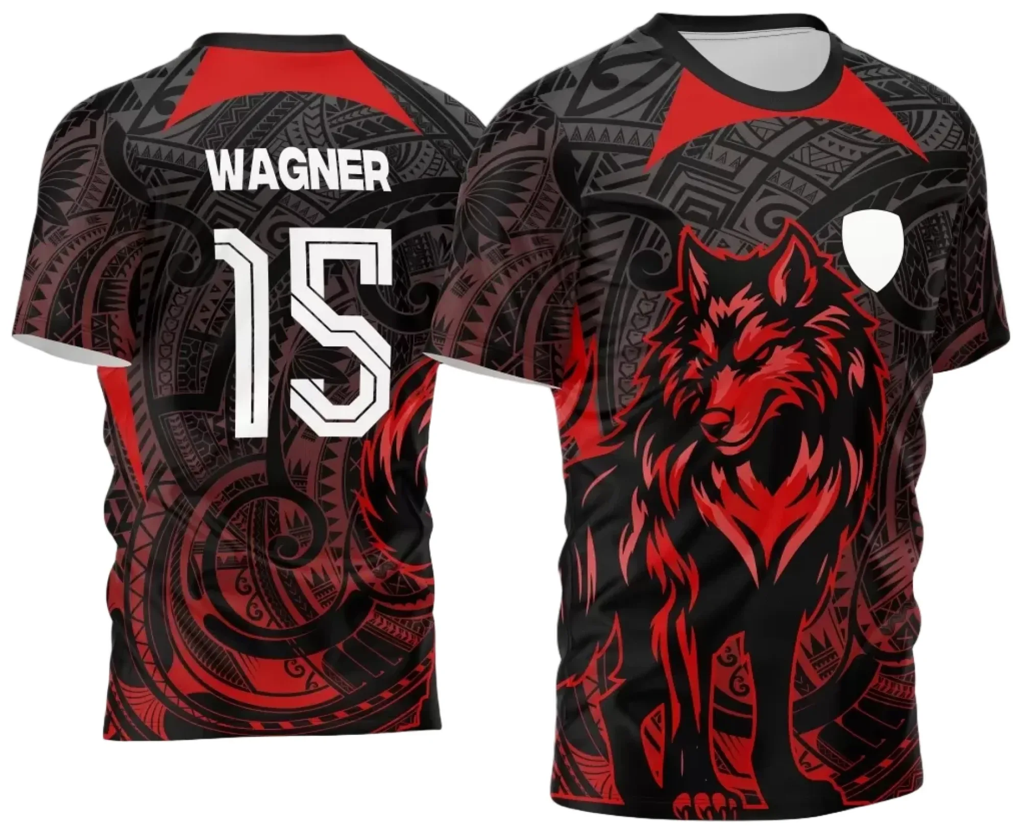 Camiseta unissex preta com logo no peito e estampa grande nas costas, tema Interclasse Jogos Internos 2024 Lobo Modelo 2, estilo esportivo com design moderno e vibrante.