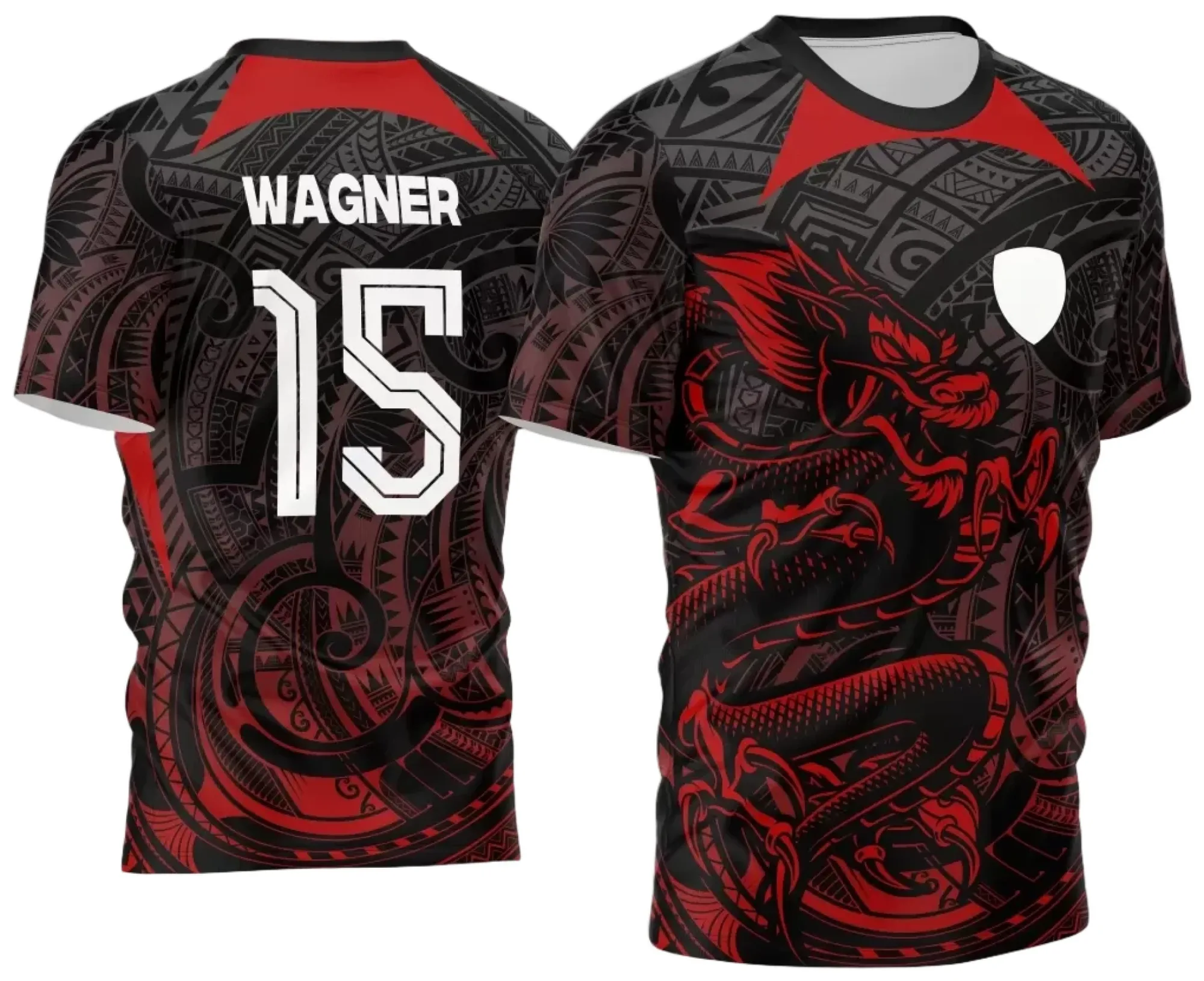 Camiseta unissex preta com logo no peito e estampa grande nas costas, tema Dragão para Camisa Interclasse Jogos Internos 2024, perfeita para eventos esportivos e confraternizações.