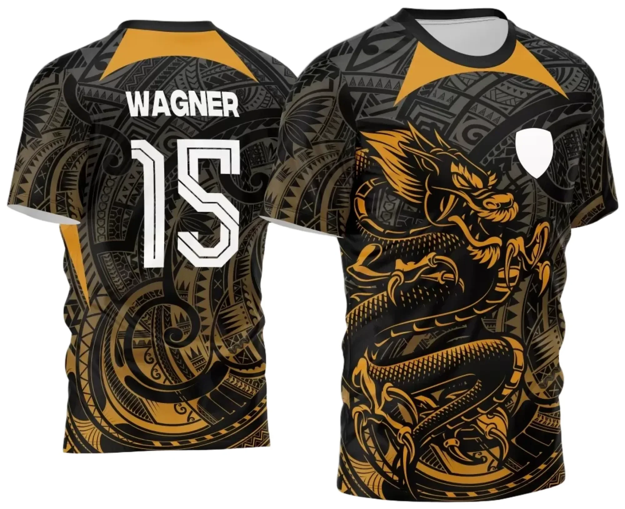 Camiseta unissex preta com logo no peito e estampa grande nas costas do tema Interclasse Jogos Internos 2024 Dragão Modelo 3, destacando design dinâmico e vibrante, perfeita para eventos esportivos.