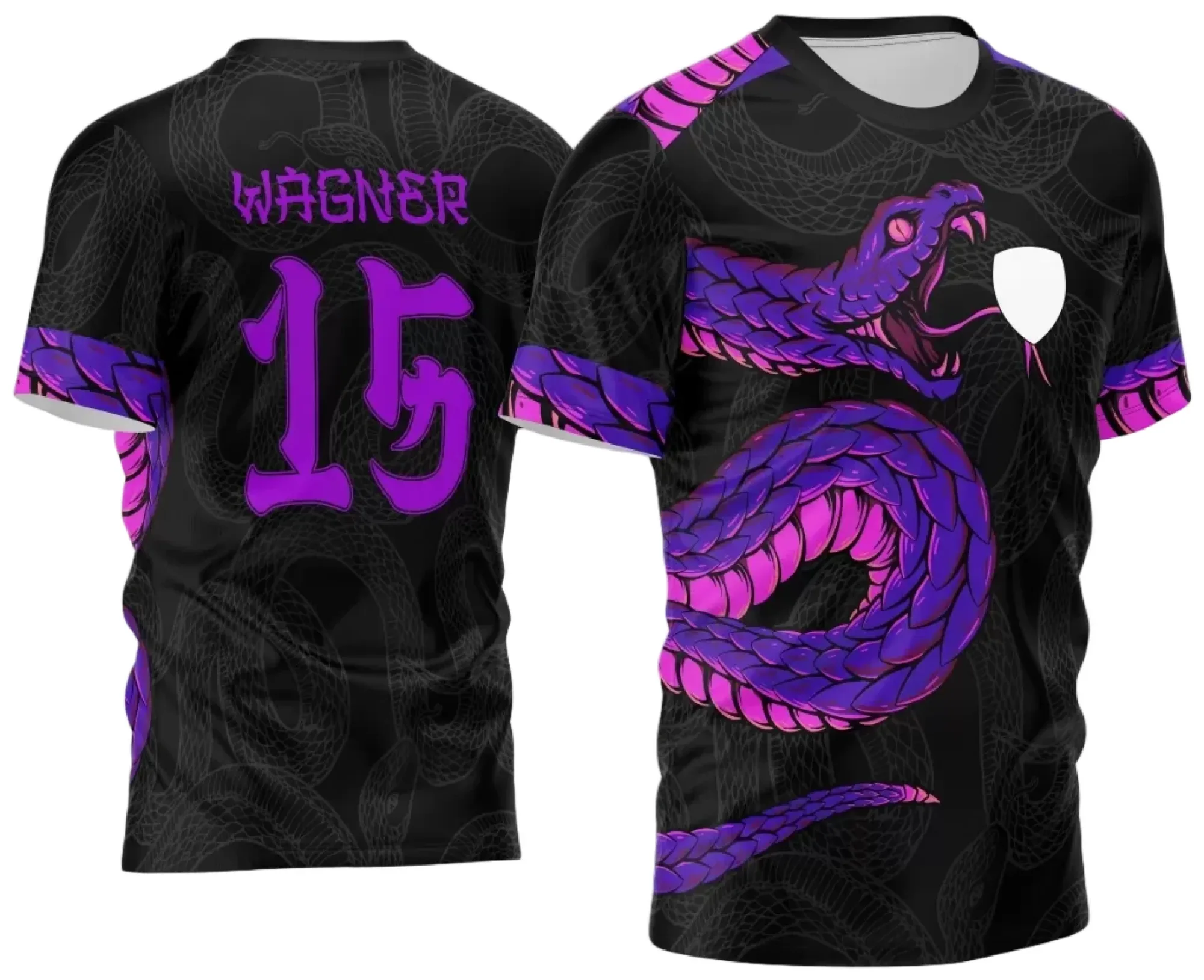 Camiseta unissex preta com logo no peito e estampa grande nas costas do tema Cobra do Interclasse Jogos Internos 2024, ideal para eventos esportivos e atividades em grupo.