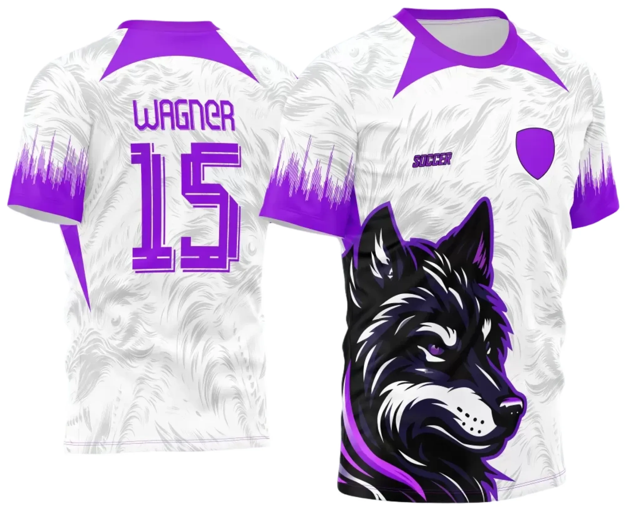 Camiseta unissex preta com logo no peito e estampa grande nas costas inspirada no Interclasse Jogos Internos 2024 Lobo Roxo, perfeita para eventos esportivos e confraternizações escolares.