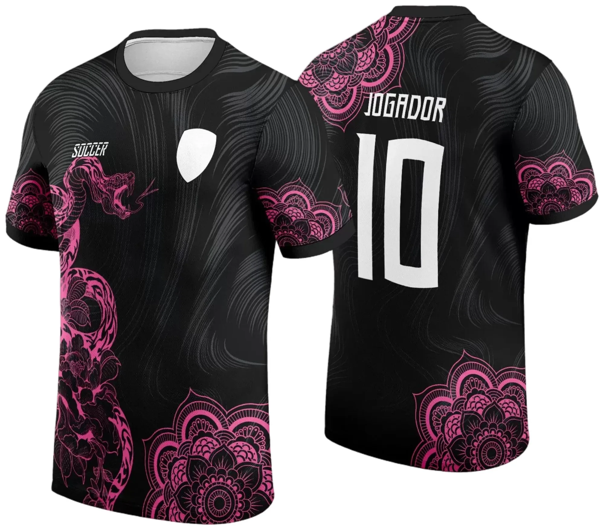 Camiseta unissex preta com logo no peito e estampa grande nas costas, tema Jogos Internos 2024 cobra modelo 4, visual moderno e esportivo.