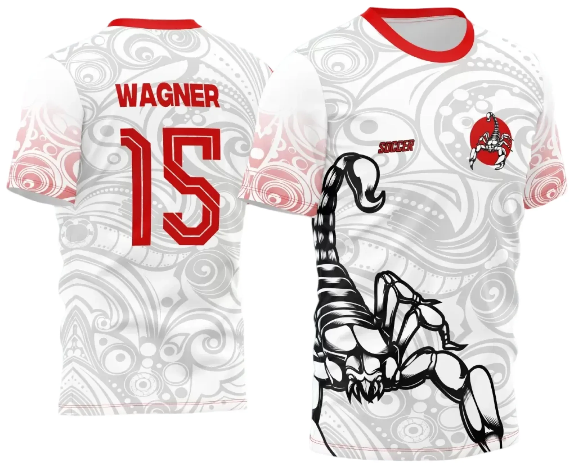 Camiseta unissex preta com logo no peito e estampa grande nas costas do tema Interclasse Jogos Internos 2024 focada no Escorpião, elegante e moderna para eventos esportivos.