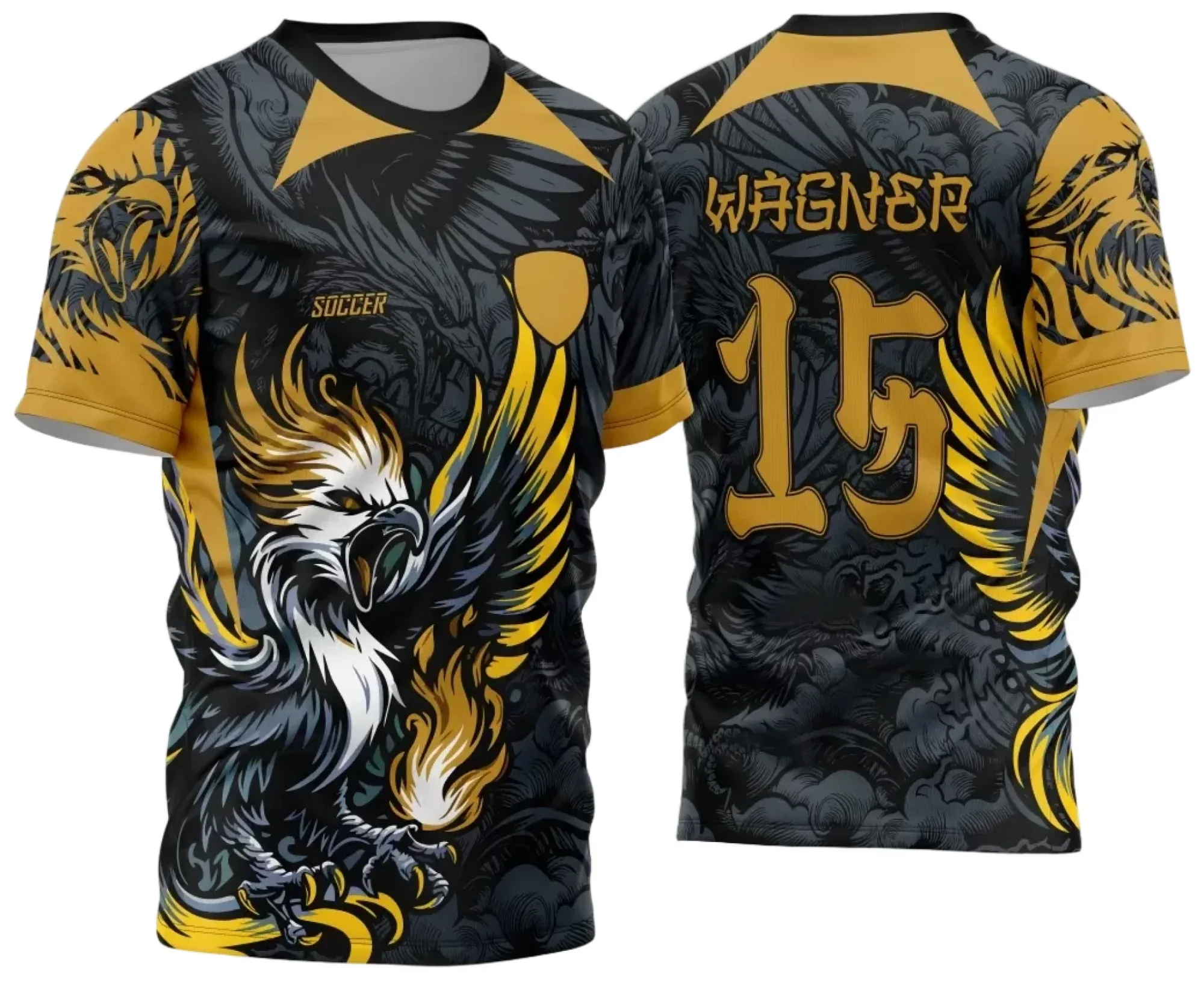 Camiseta unissex preta com logo no peito e estampa grande nas costas destacando o tema Interclasse Jogos Internos 2024 Fênix Dourada, ideal para times e eventos esportivos.