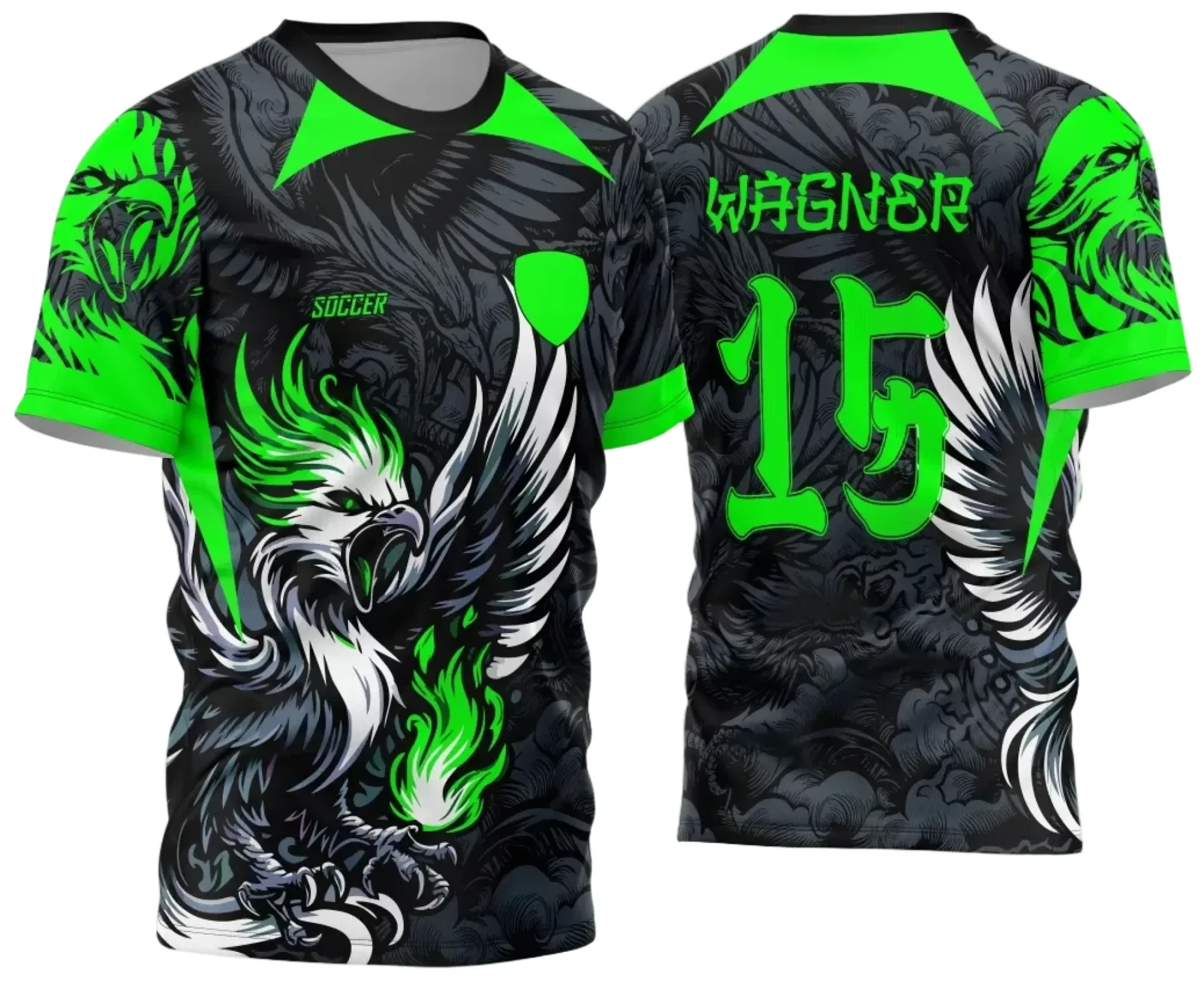 Camiseta unissex preta com logo no peito e estampa grande nas costas baseada na camisa Interclasse Jogos Internos 2024 Fênix Verde, ideal para eventos e times.