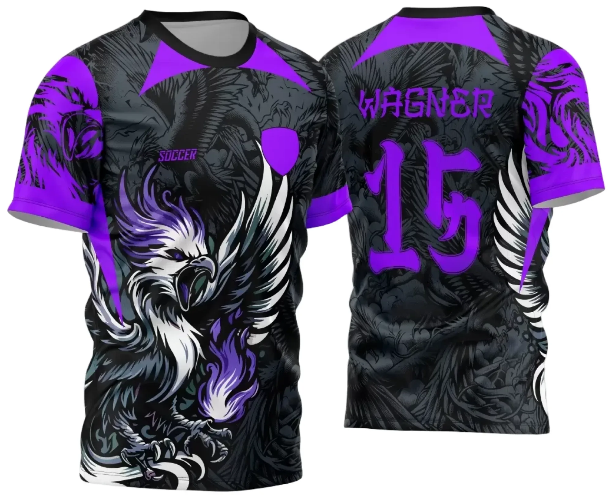 Camiseta unissex preta com logo no peito e estampa grande nas costas, tema Interclasse Jogos Internos 2024 com símbolo Fênix Roxa, modelo 2.