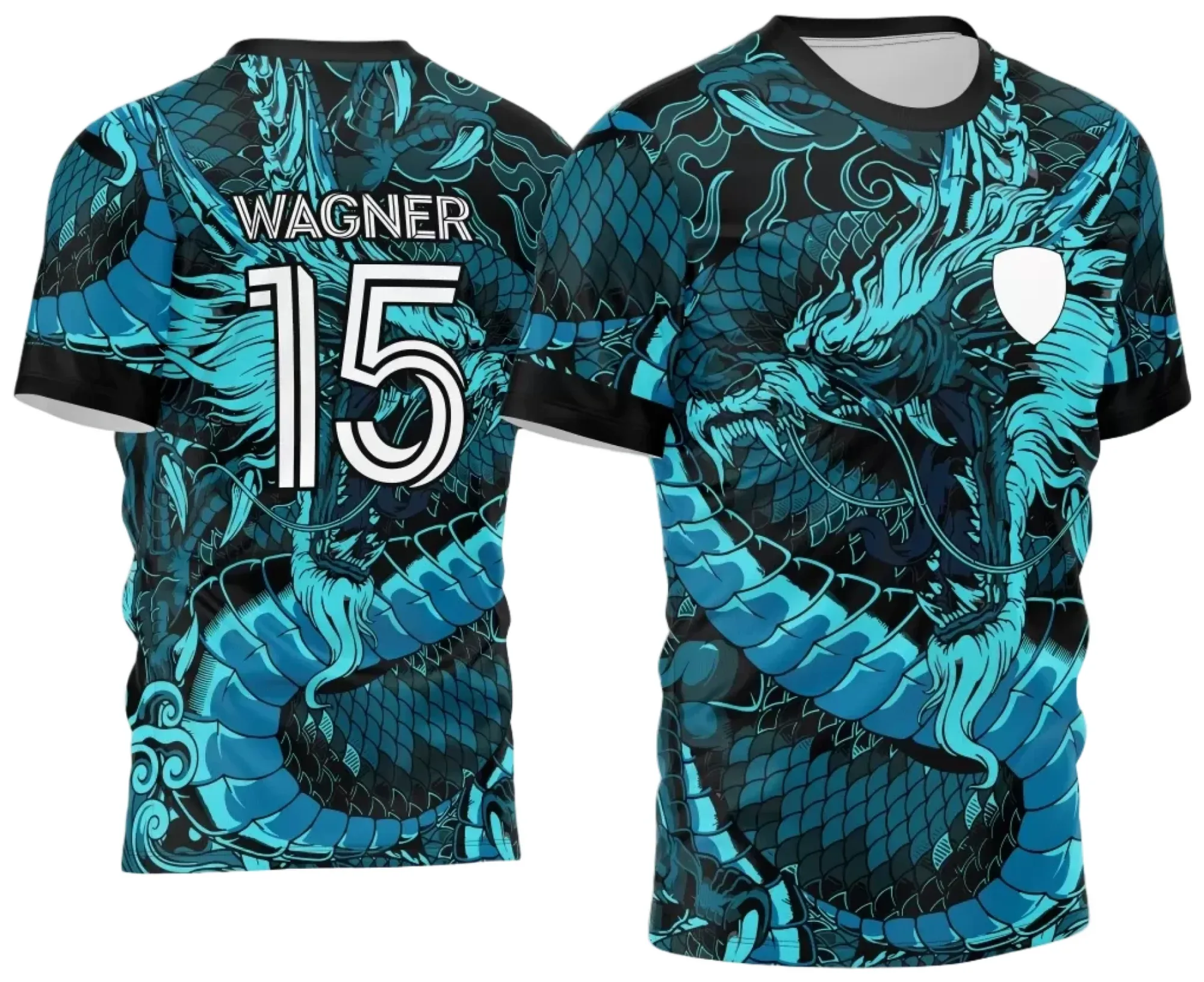 Camiseta unissex preta com logo no peito e estampa grande nas costas do Dragão Azul, tema Jogos Internos 2024, ideal para times interclasse em eventos esportivos.