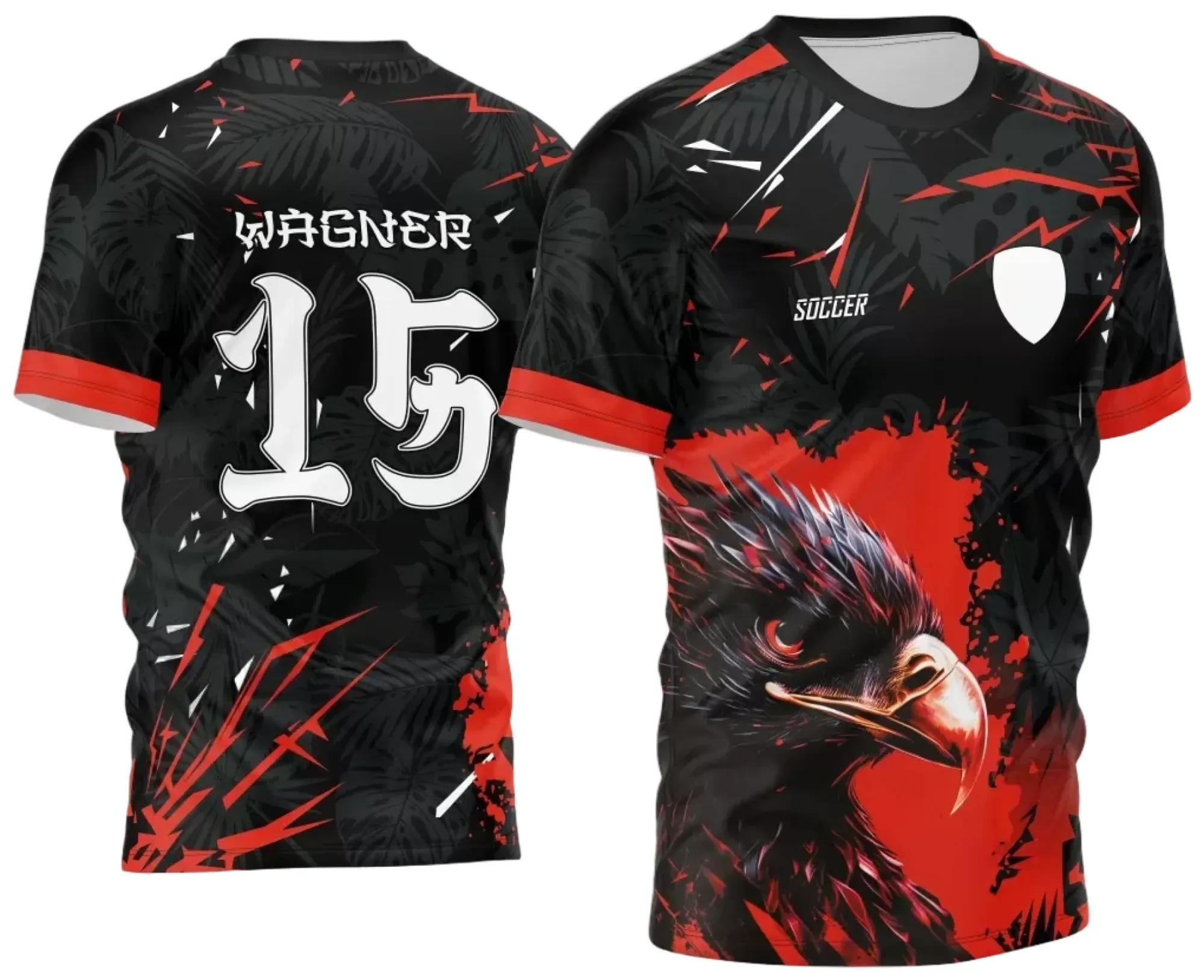Camiseta unissex preta com logo no peito e estampa grande nas costas temática dos Jogos Internos Interclasse 2024 Águia Vermelha, ideal para eventos esportivos e turma escolar.